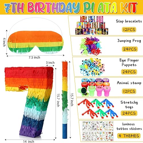 Vista 22 de Lenwen Juego de 120 piezas de piñatas arcoíris, piñata multicolor para fiesta de cumpleaños con palo para los ojos vendados y confeti Premio