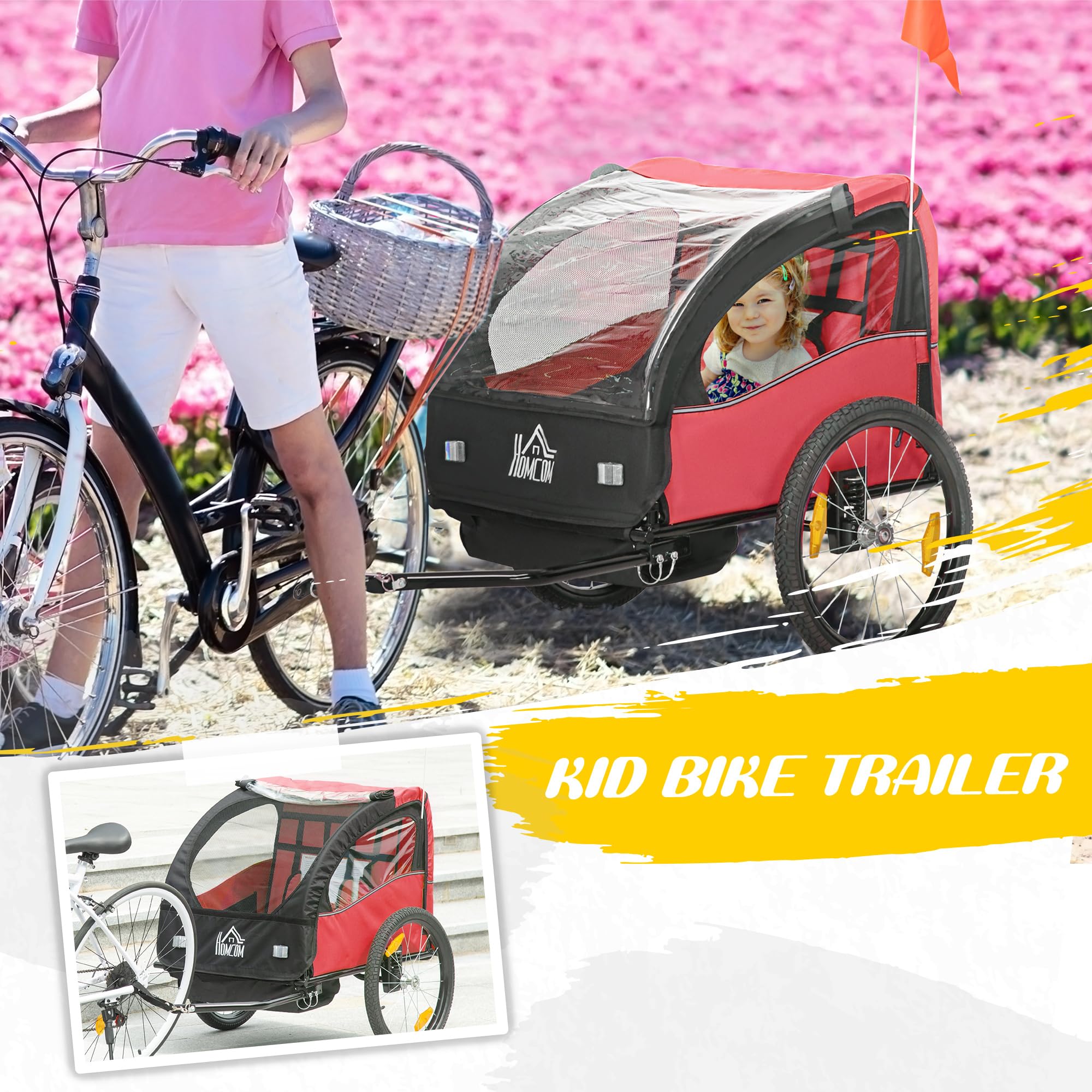 HOMCOM Remorque de vélo pour enfants 2 places 18 mois ceinture de sécurité amortisseur 140x88x90 cm