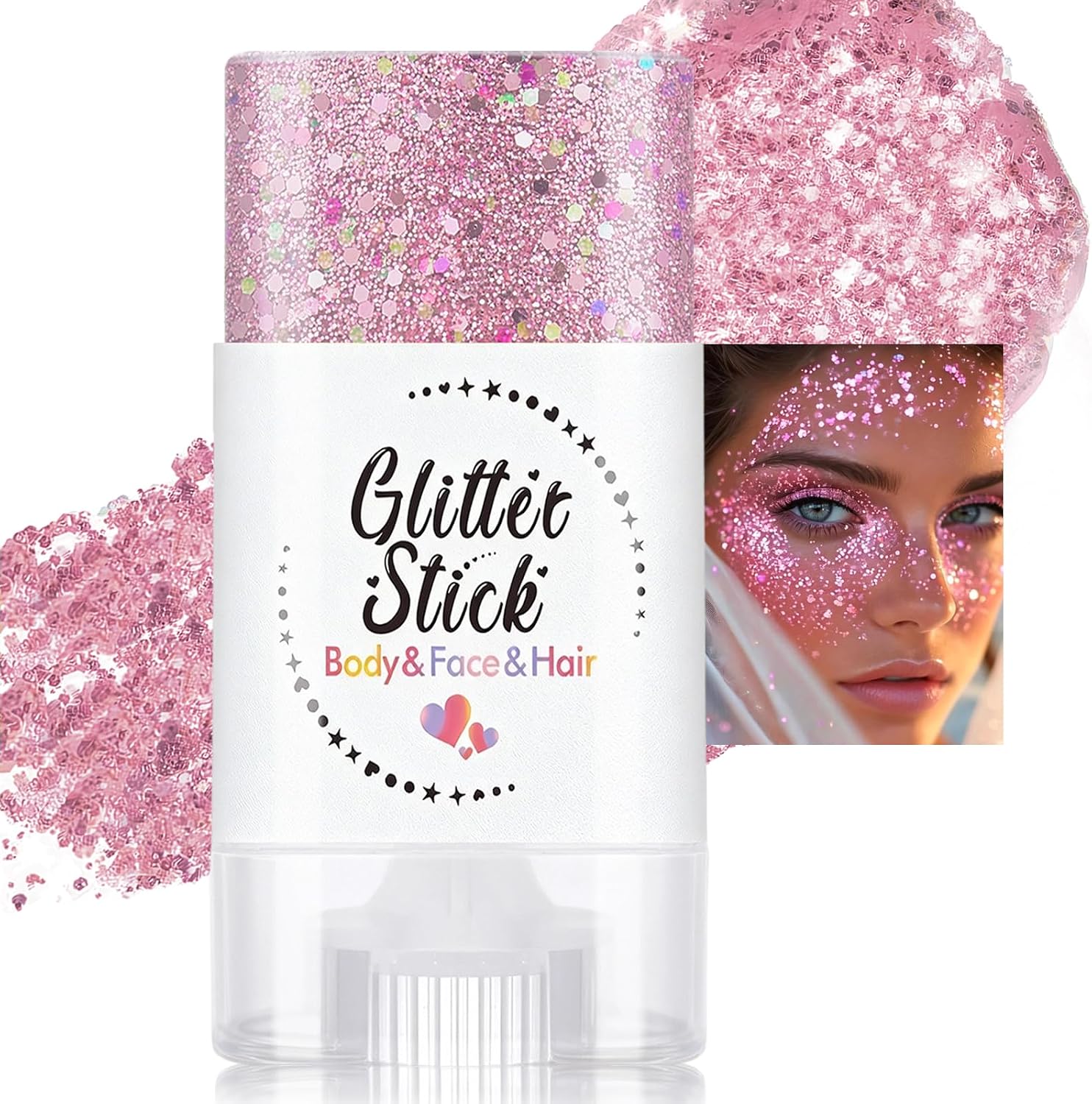Rolling Body Glitter Stick, Chameleon Pink Sparkling Hair Face Glitter Makeup, Holographic Shimmer Chunky Sequins Face Paint Stick for Women Singer Concert Rave Festival Party
