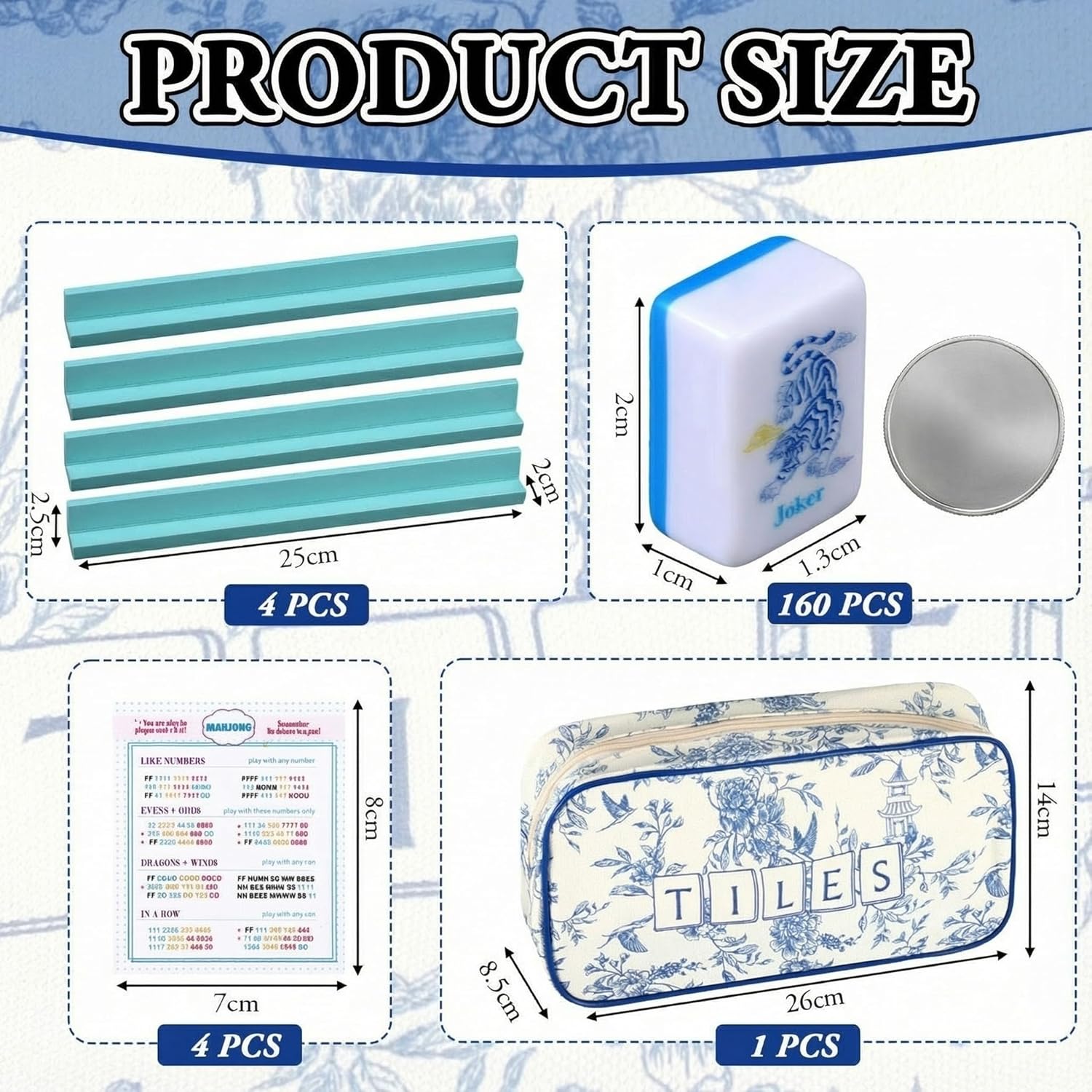 Soulchen Mini American Mahjong Tile Set Include 160 0.8 Inch Mahjong Tiles 2 Dice 4 Wooden Rulers 1 Accessory Bag 4 Beginner Rule Cards (Chinoiserie)