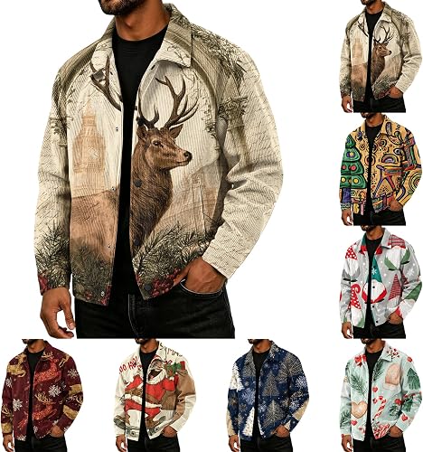 Mens Corduroy Jacket Christmas Print Vintage Lapel Collar Shirt Jacket