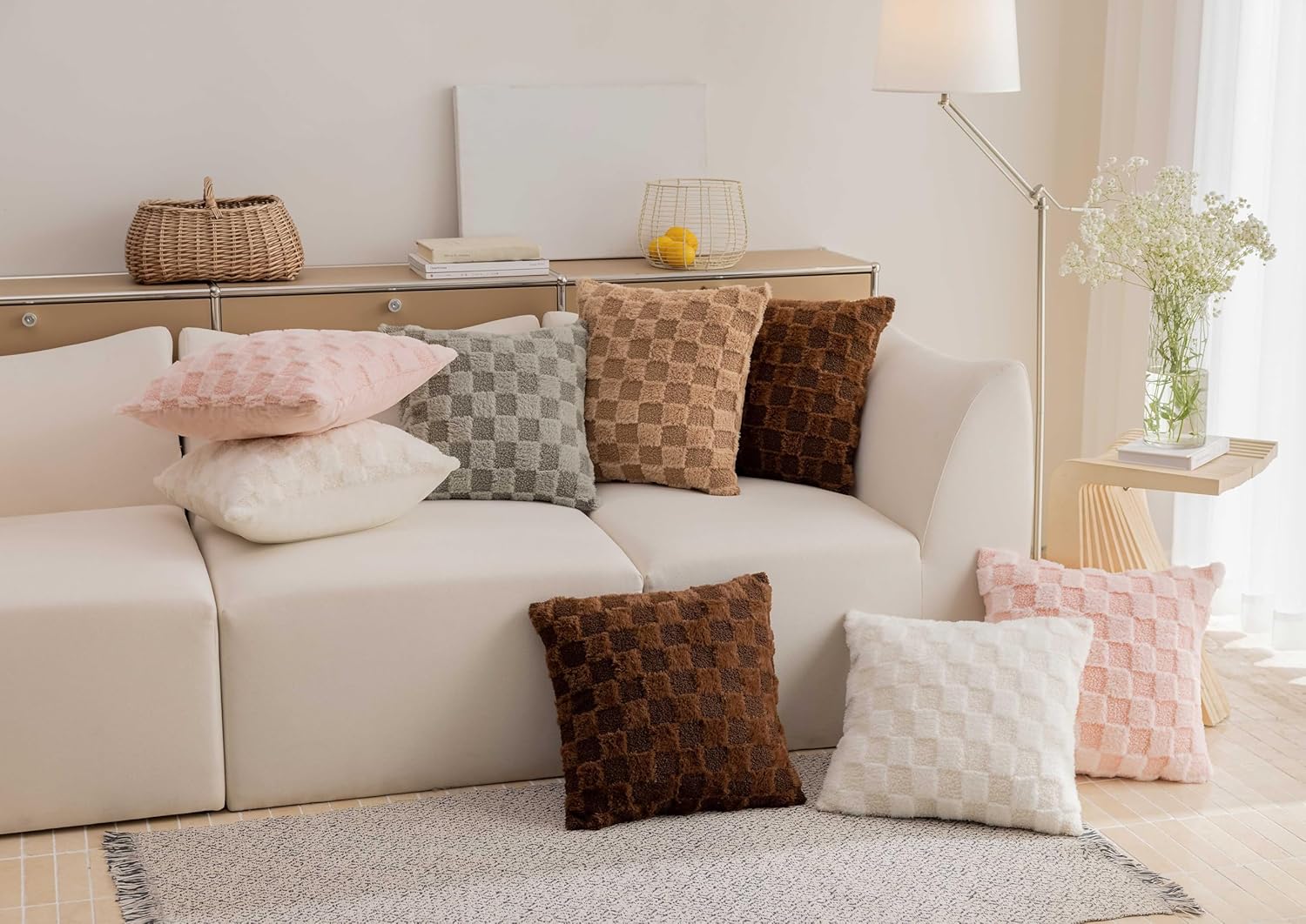 Demetex Checkered 26 x 26 Pillow Covers Grey Fluffy Plaid Euro Shams Neutral Large Square Throw Pillows for Sofa Couch Dining Room, Set of 2, 26x26 inch, Grey