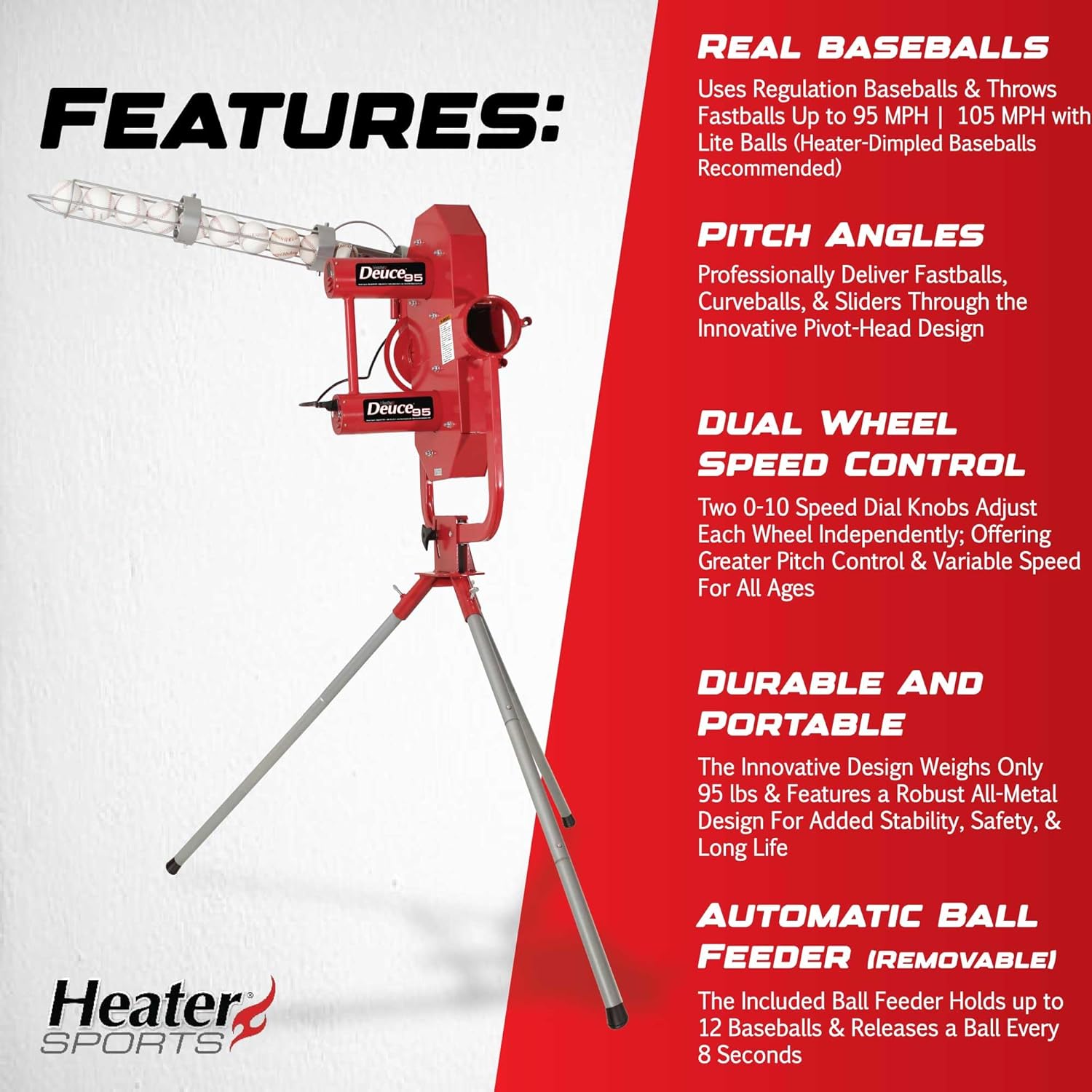 Heater Sports Deuce 95 MPH Adjustable Baseball Pitching Machine with Automatic Ball Feeder – Delivers Fastballs & Curveballs, Compatible with Pitching Machine & Real Baseballs, Ideal for All Ages.