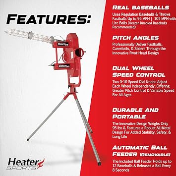 Heater Sports Deuce 95 MPH Adjustable Baseball Pitching Machine with Automatic Ball Feeder Delivers Fastballs & Curveballs, Compatible with Pitching Machine & Real Baseballs, Ideal for All Ages.