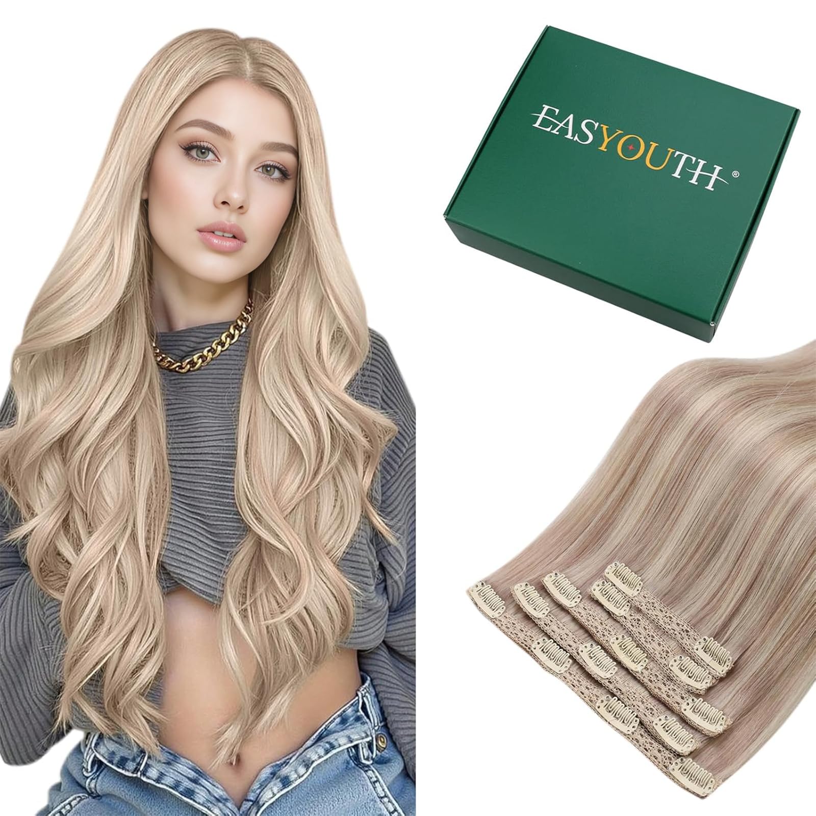 Easyouth Extension Echthaar Clip in Blond Clip in Extensions Echthaar Highlight Aschblond Gelb Blond Echthaar Clip in Extension Haarverlängerungen Echthaar Glatt 5Pcs 50cm 70g #18P613