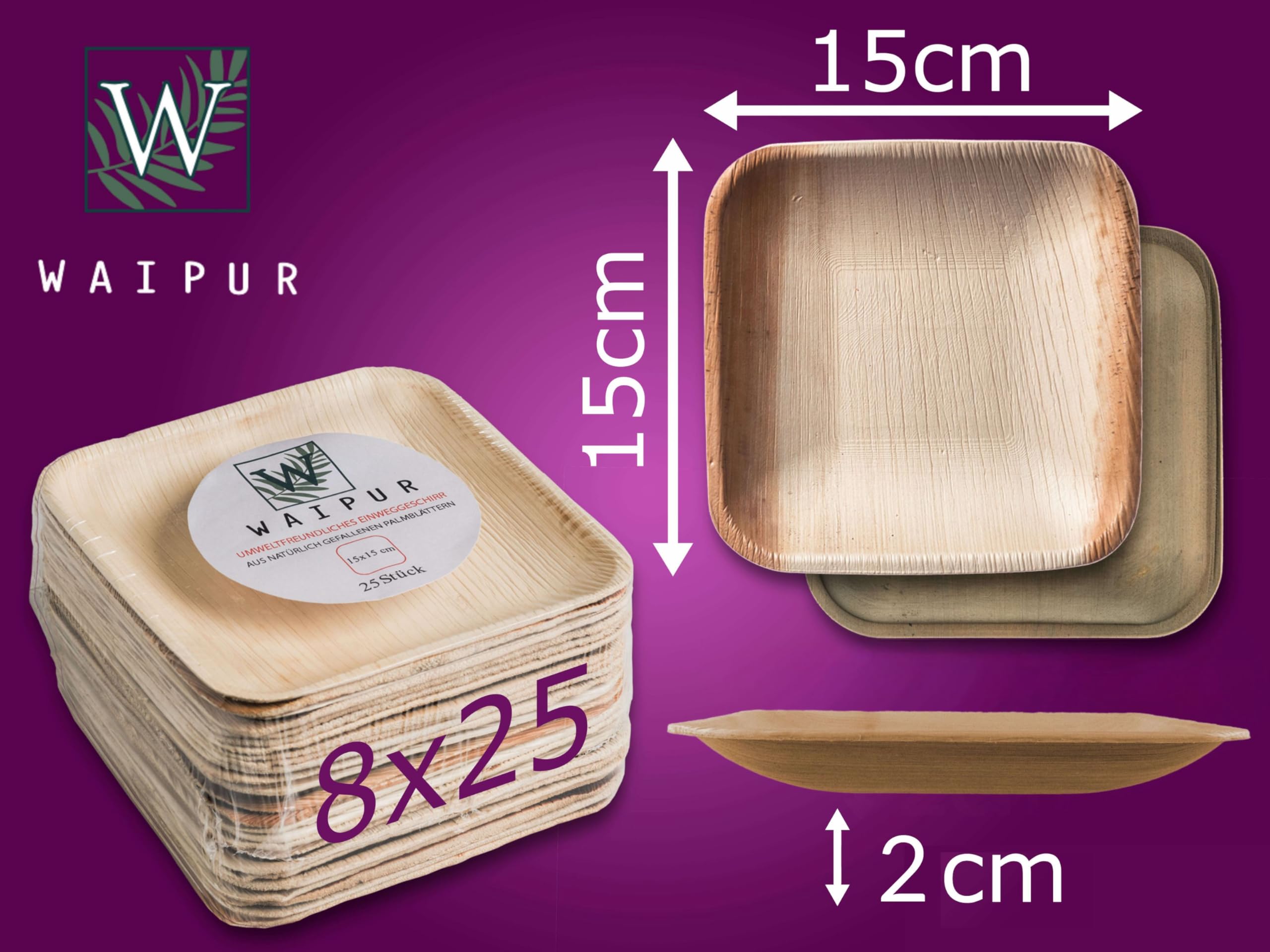 200 Platos Desechables de Hoja de Palma Ecológicos - Cuadrado Pequeño, 15x15 cm - Vajilla Orgánica - Estable, Natural y Compostable - Elegantes para Fiestas - Estilo Madera