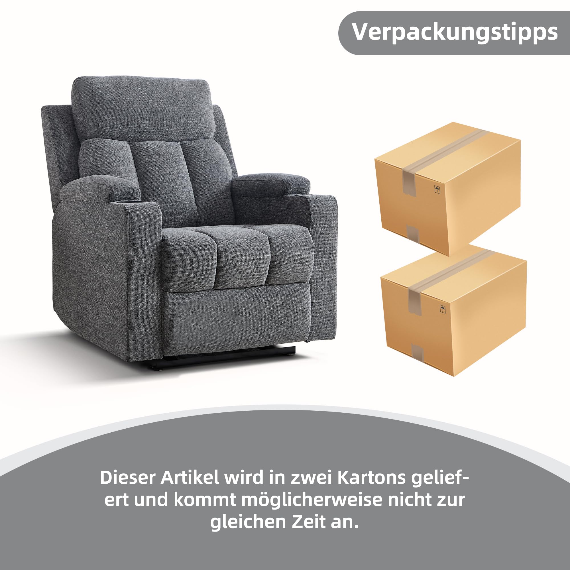 Simore Sillón de Relax Manual con función reclinable y Soporte para Bebidas | sillón de televisión con reposapiés y reposacabezas suave, soporta hasta 150 kg, sillón de TV para salón, color gris