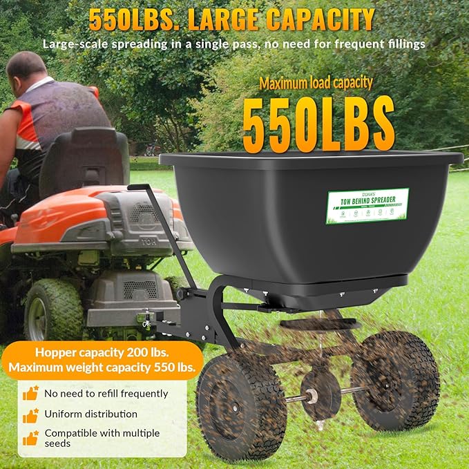 Tow Behind Broadcast Spreader, capacidad 200 lb, 550 lb, llantas 13" miniatura 5