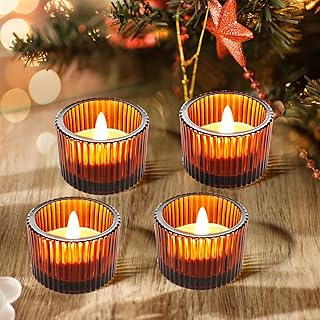 JOYIT Amber Votive Candle Holders Bulk Set of 4, Tealight Candle Holder for Wedding Table Centerpiece, Glass Small Candle Holders for Birthday Party, Valentine's Day, Home Decor (2''X 1.4'')