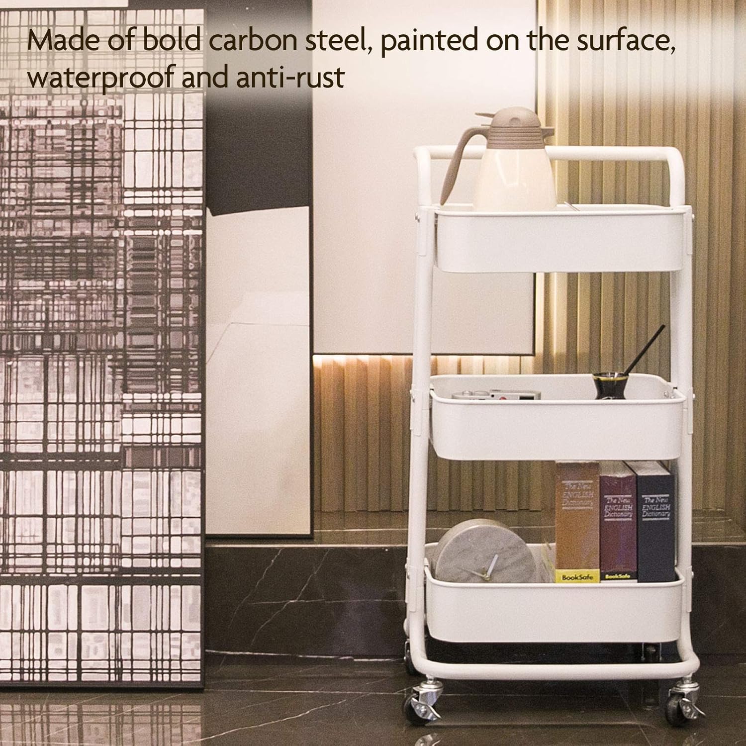 elabo 3-Tier Metal Rolling Utility Cart with 2 Lockable Wheels Storage Organizer Shelf for Kitchen, Bedroom, Bathroom, Office, Living Room : Office Products