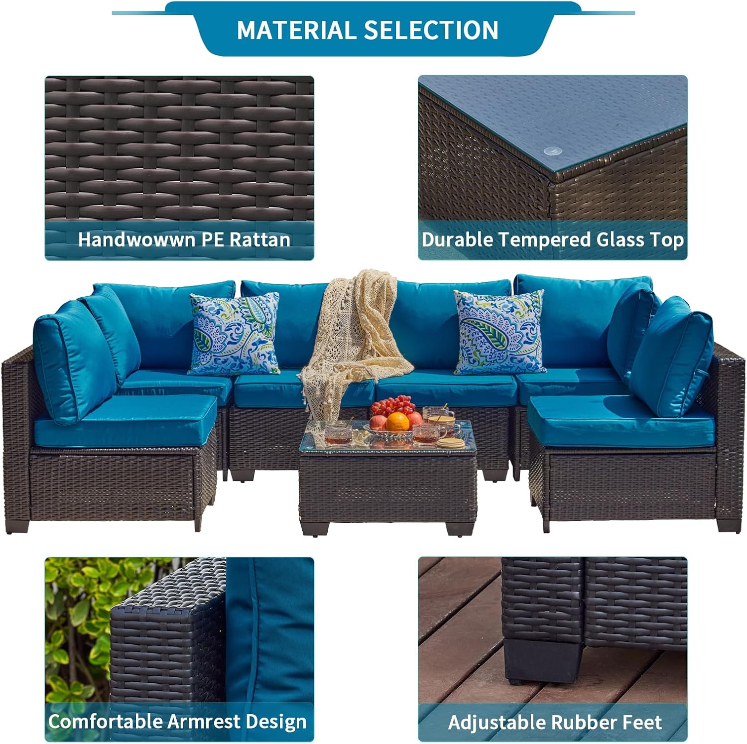 Diagram showing material selection for the patio set, including handwoven PE rattan, durable tempered glass top, comfortable armrest design, and adjustable rubber feet.