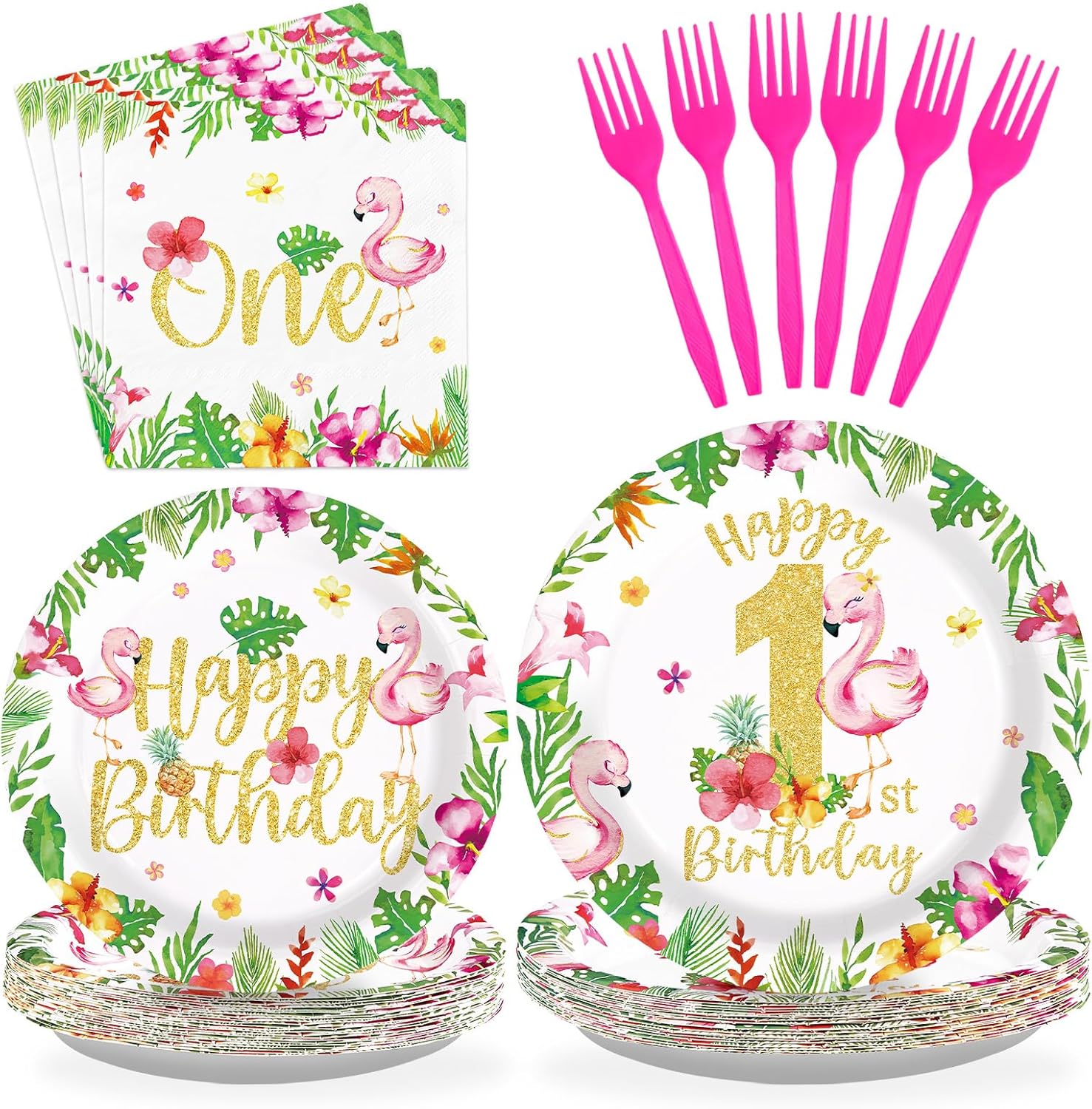 96 Pcs Flamingo 1st Birthday Party Supplies Disposable Flamingo Plates and Napkins Tableware Set Luau Tropical Hawaiian Party Decor for Summer Girls Kids One Year Old Birthday Party Serves 24