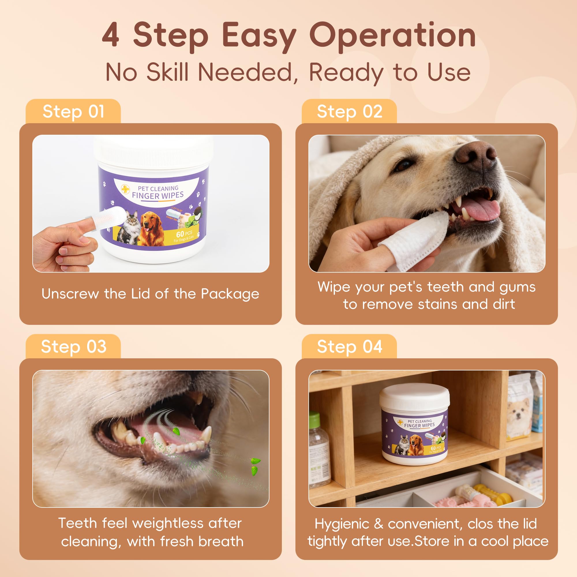 Toallitas de limpieza de dedos de perro, 60 unidades, toallitas de limpieza dental para mascotas, kit de cepillado de dientes para perros, gatos, eliminación de sarro, cepillo de dientes de
