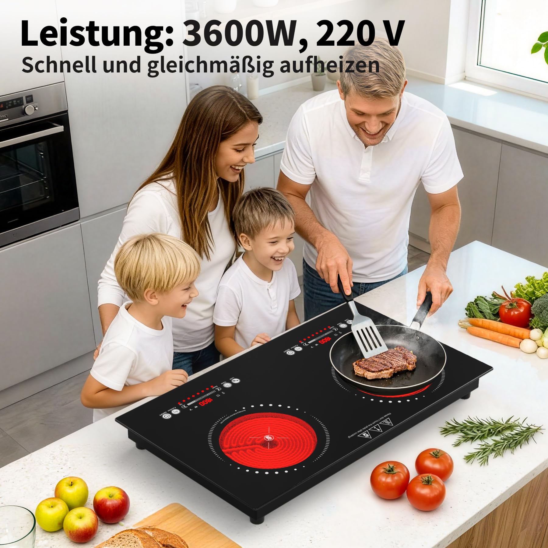 VBGK Keramikkochfeld, 220V, 3600W, Keramikkochfeld mit LED-Touch-Steuerung, 9 Leistungsstufen, Kindersicherung und 4-Stunden-Timer, Überhitzungsschutz kochfelder, Glaskeramikkochfeld 2 Platten