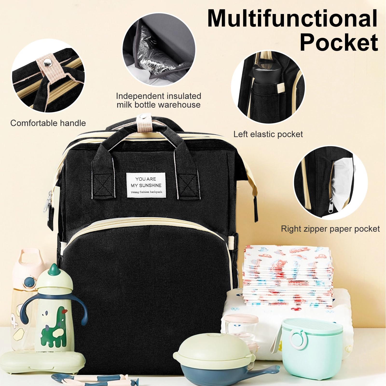 Sac a Langer a Dos avec Sacs à Langer Lit Grande Capacité, Grande Sac à Couches avec Matelas à Langer,sac à Dos pour lit Bébé,sac de Voyage avec Lit Pliable et Pare-Soleil (noir)