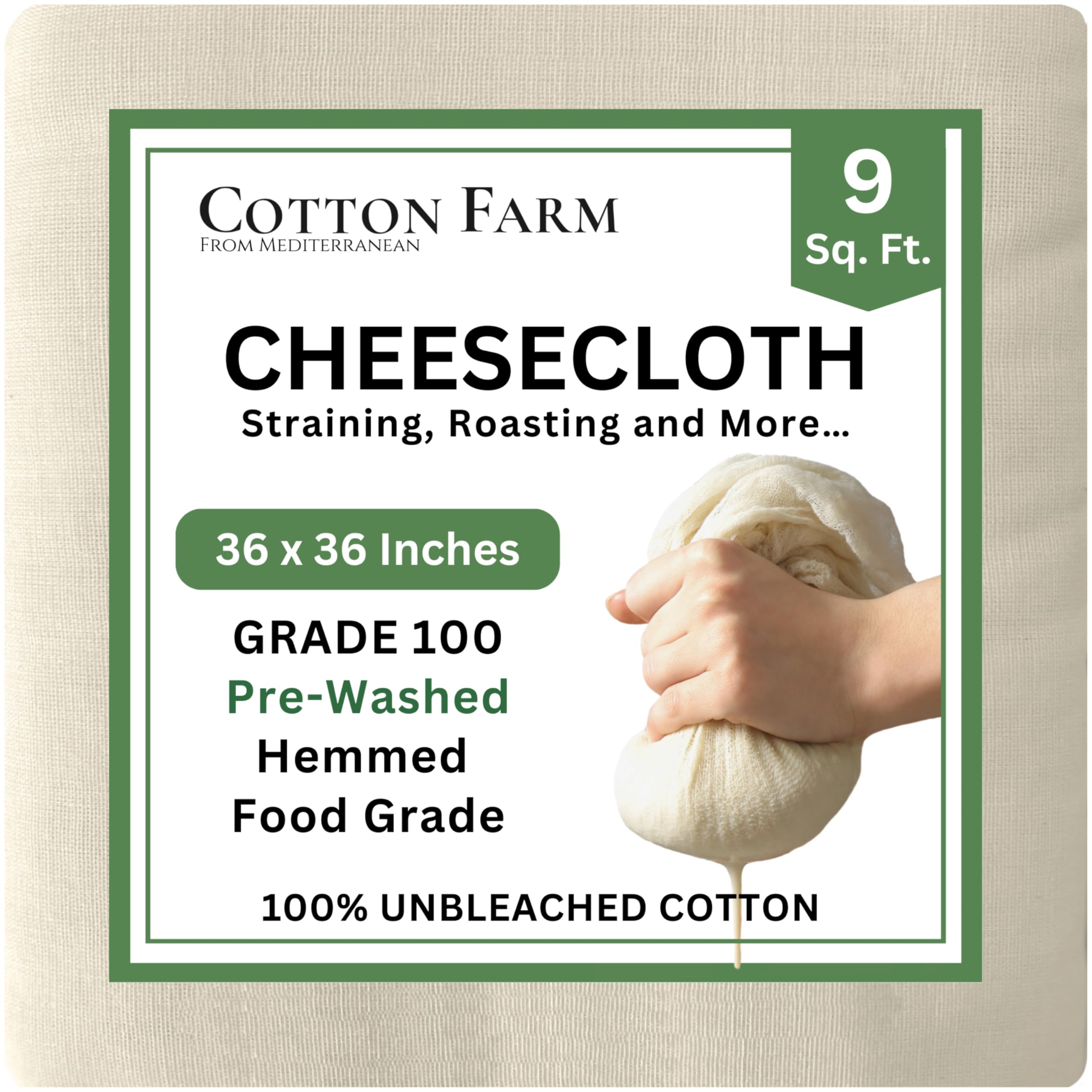 Cotton Farm Grade 100 XL Cheese Cloth - Straining & More; 36x36 Inch; 100% Unbleached Cotton Cheesecloth; Reusable with Hemmed 2 Edges; Ultra-Dense (the finest) Butter Muslin