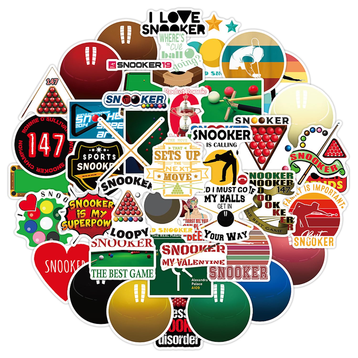 50pcs Snooker Sport Vinyl PVC Waterproof Cute Fun Cartoon Doodle Stickers, Funny Trendy Decals for Teens, Kids, Adults, Colorful Anime Sticker Pack for Laptop, Phone, Skateboard, Luggage, Water Bottle