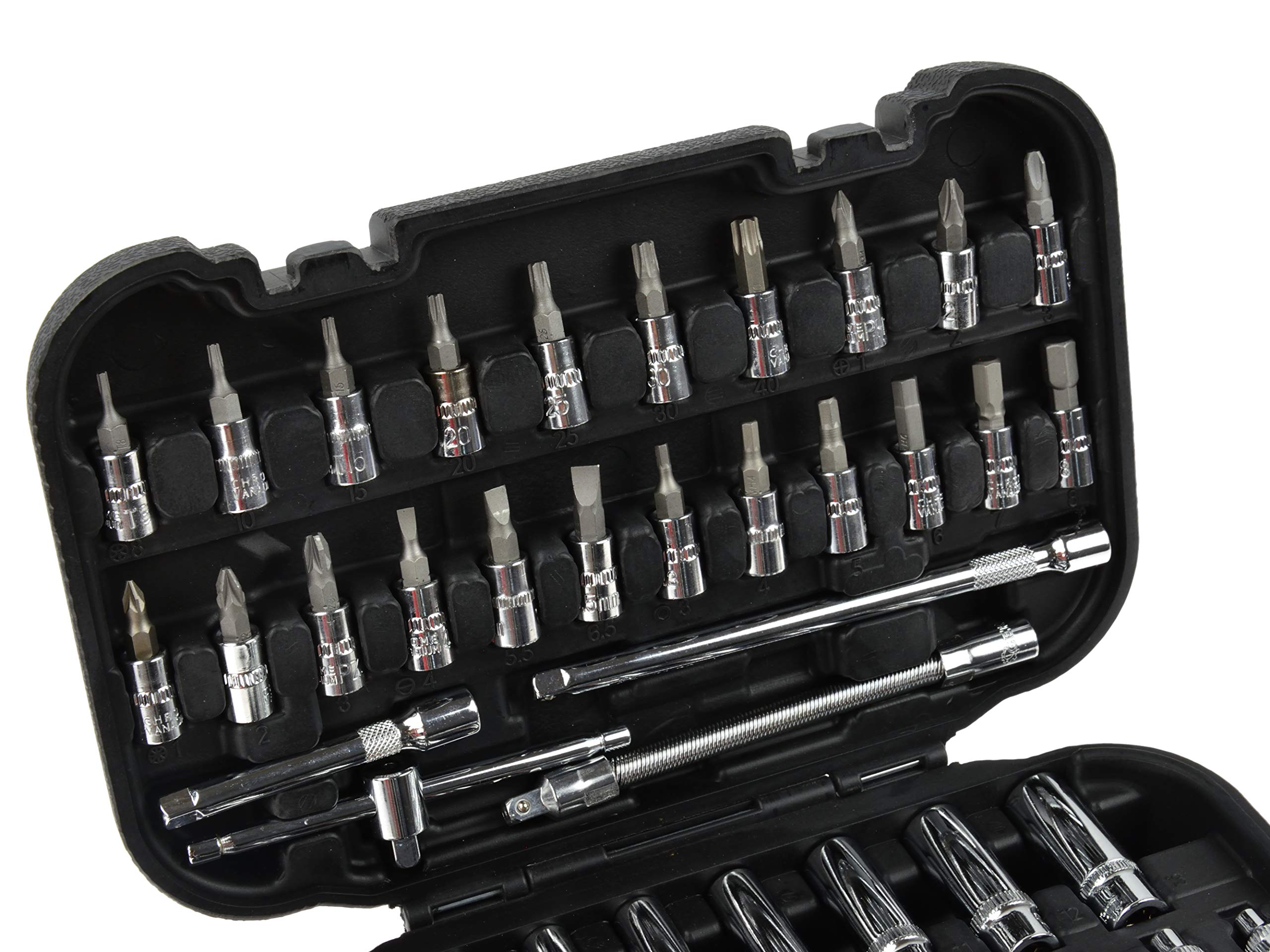 BSD Set di Chiavi a Bussola - Douilles 6 punte, Bussole TORX, Inserti di Avvitatore, Chiave a Cricchetto 1/4”, Maniglia Scorrevole - 56 Pezzi