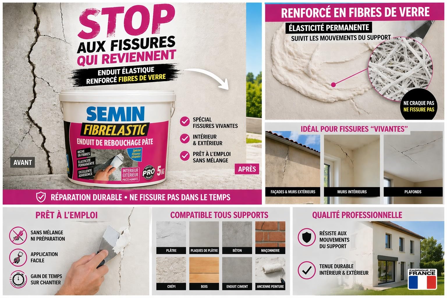 SEMIN Enduit de Rebouchage Élastique Fibrelastic- 2 x 5kg – Fissures Vivantes Mur & Plafond, Enduit Fibre de Verre Intérieur/Extérieur, Rebouchage Flexible Multi-Supports, Qualité Professionnelle