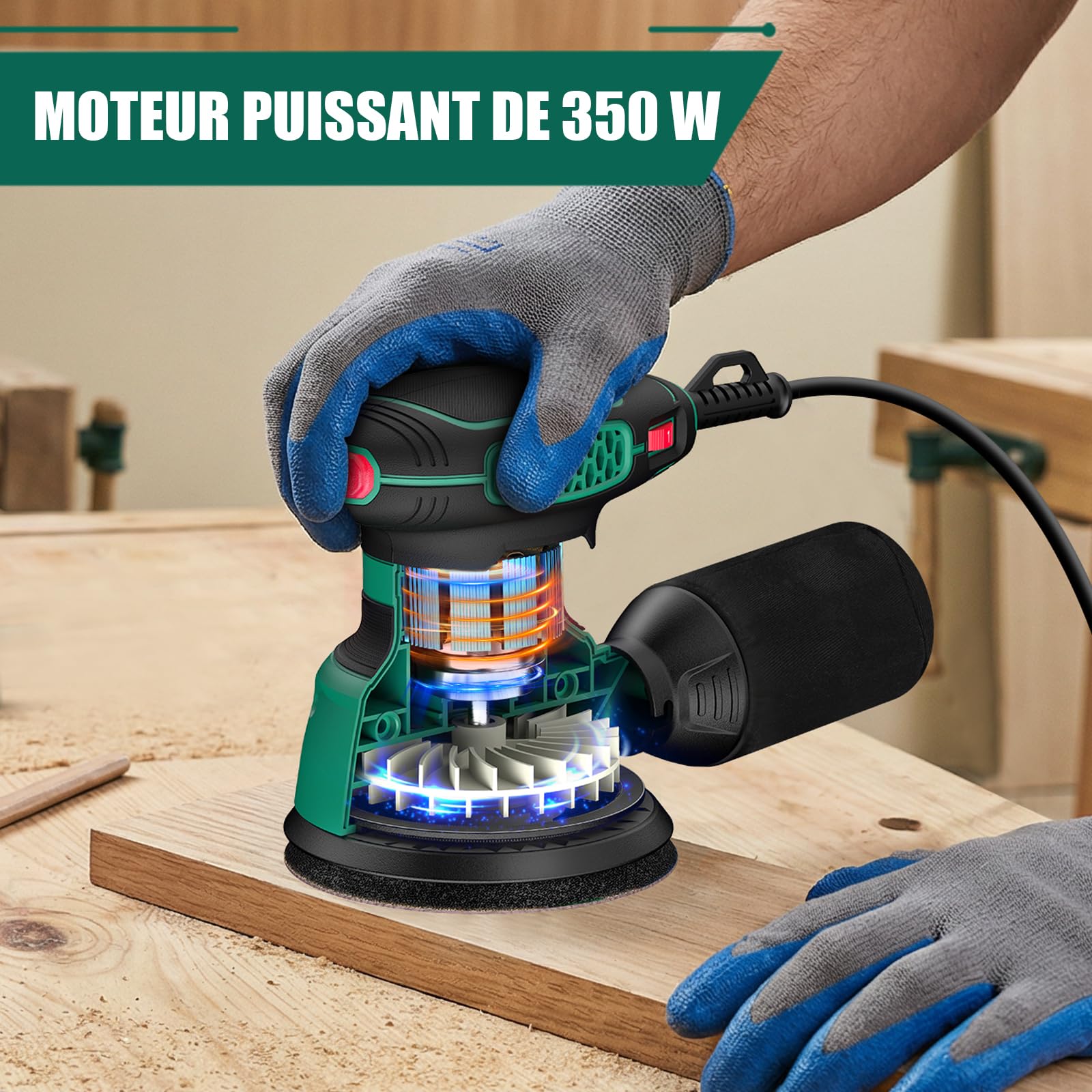 SORAKO Ponceuse excentrique 350W,125 mm,6 vitesses,16 feuilles abrasives,système d'aspiration,fonction frein rapide,Pour le bois et les projets de loisirs créatifs