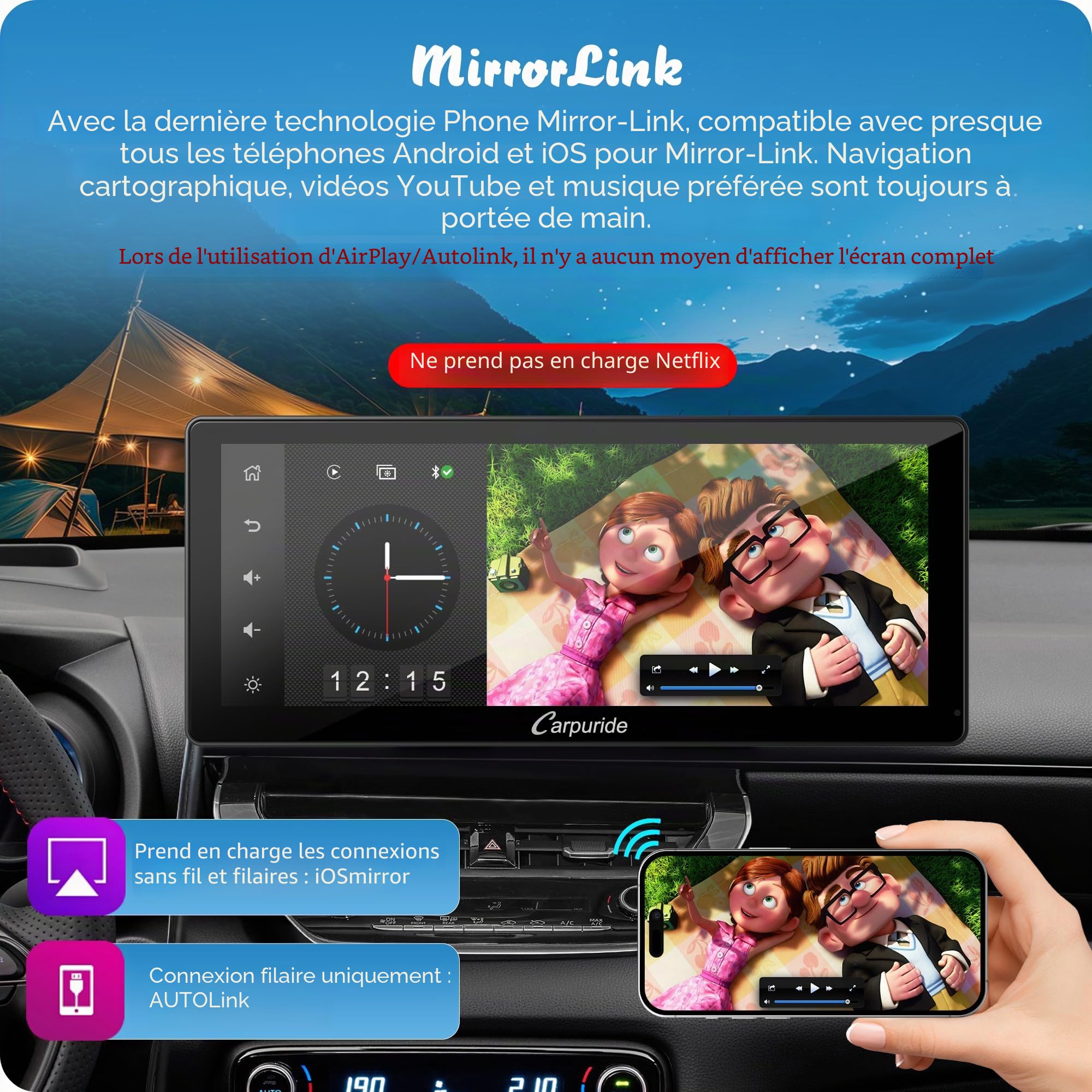 Carpuride W103 Pro avec Transmission Bluetooth sans Fil, Autoradio Portable CarPlay et Android Auto, écran Tactile 10,3 Pouces 1080P, Mirror Link/GPS/Siri/FM, avec 3 Supports