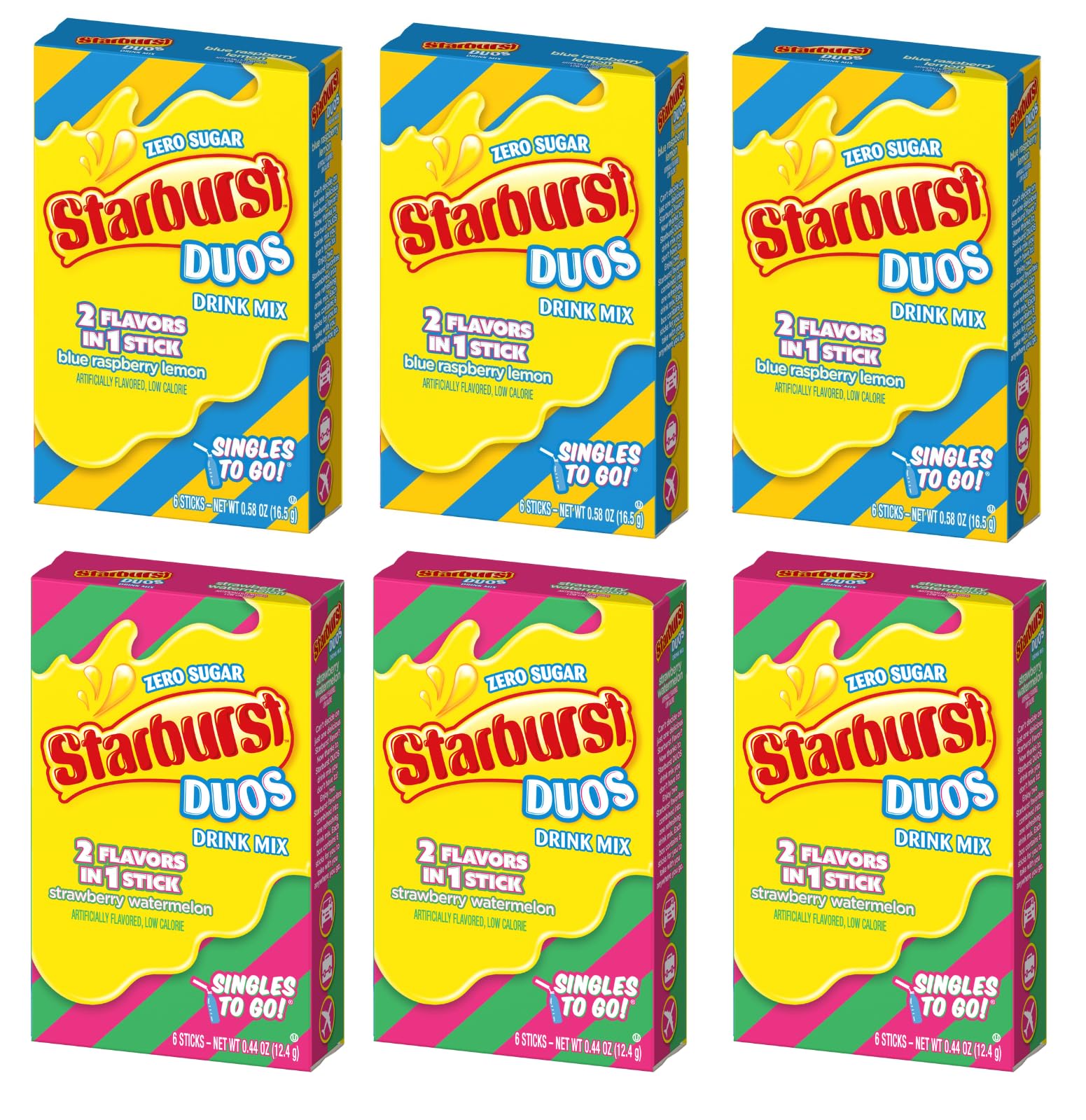 Starburst Duos Drink Mix Variety Pack, 3 boxes of Strawberry Watermelon and 3 Boxes of Blue Raspberry Lemon - 0.51 Ounce (Pack of 6)