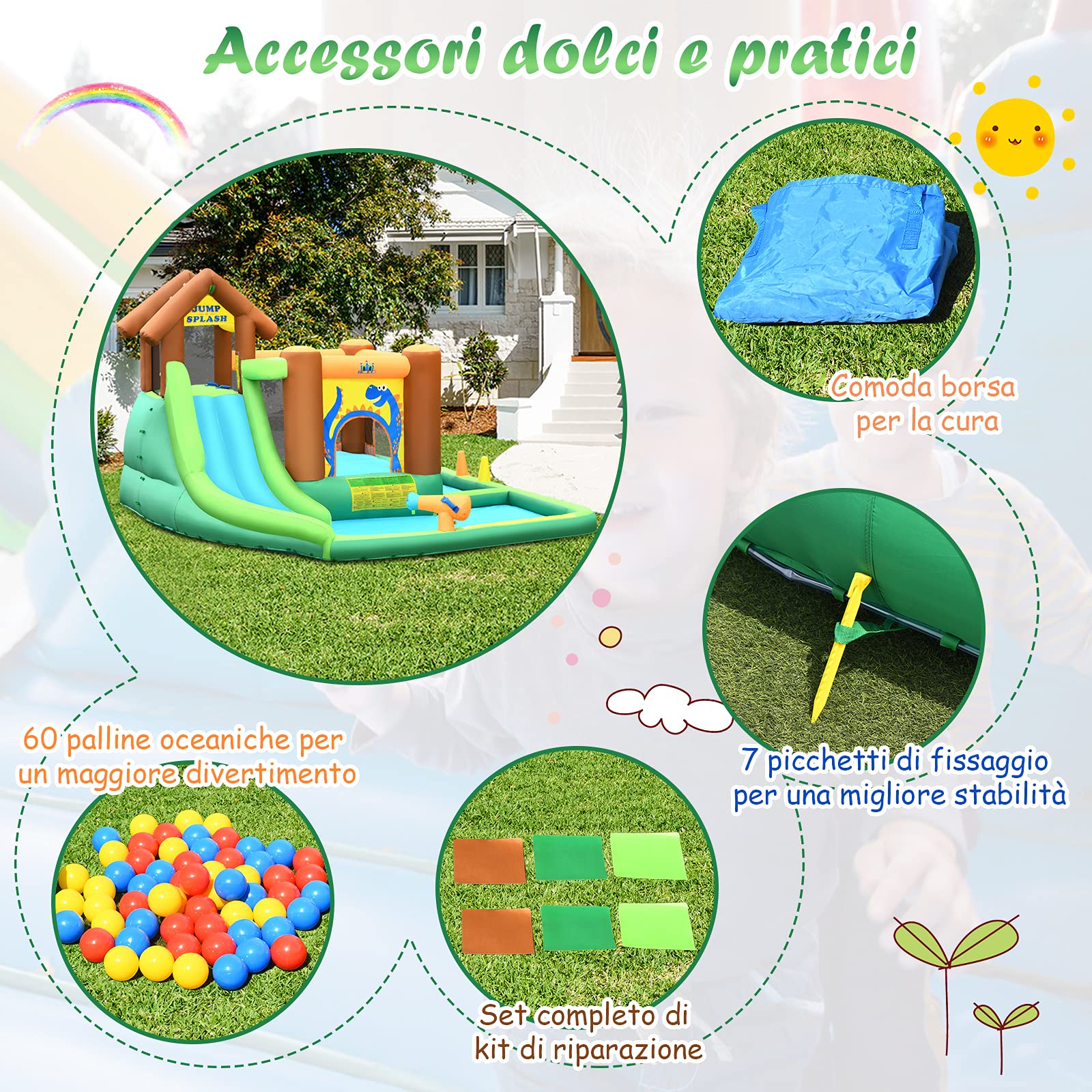 COSTWAY Castello Gonfiabile per Bambini, Parco Acquatico con Scivolo per Bambini, Piscina Trampolino e Palline, con Borsa da Trasporto, per 5 Bambini 3-10 Anni (con Compressore)