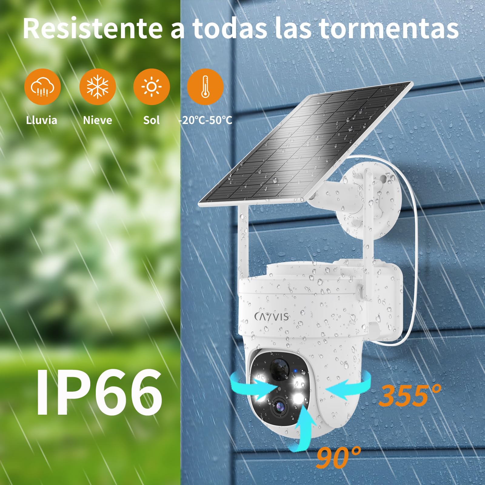 2K 3MP Camara Vigilancia WiFi Exterior Solar con Batería, 360° 2,4GHz PTZ Camaras de Vigilancia sin Cables, Visión Nocturna en Color, Detección Humana PIR/AI, Alexa