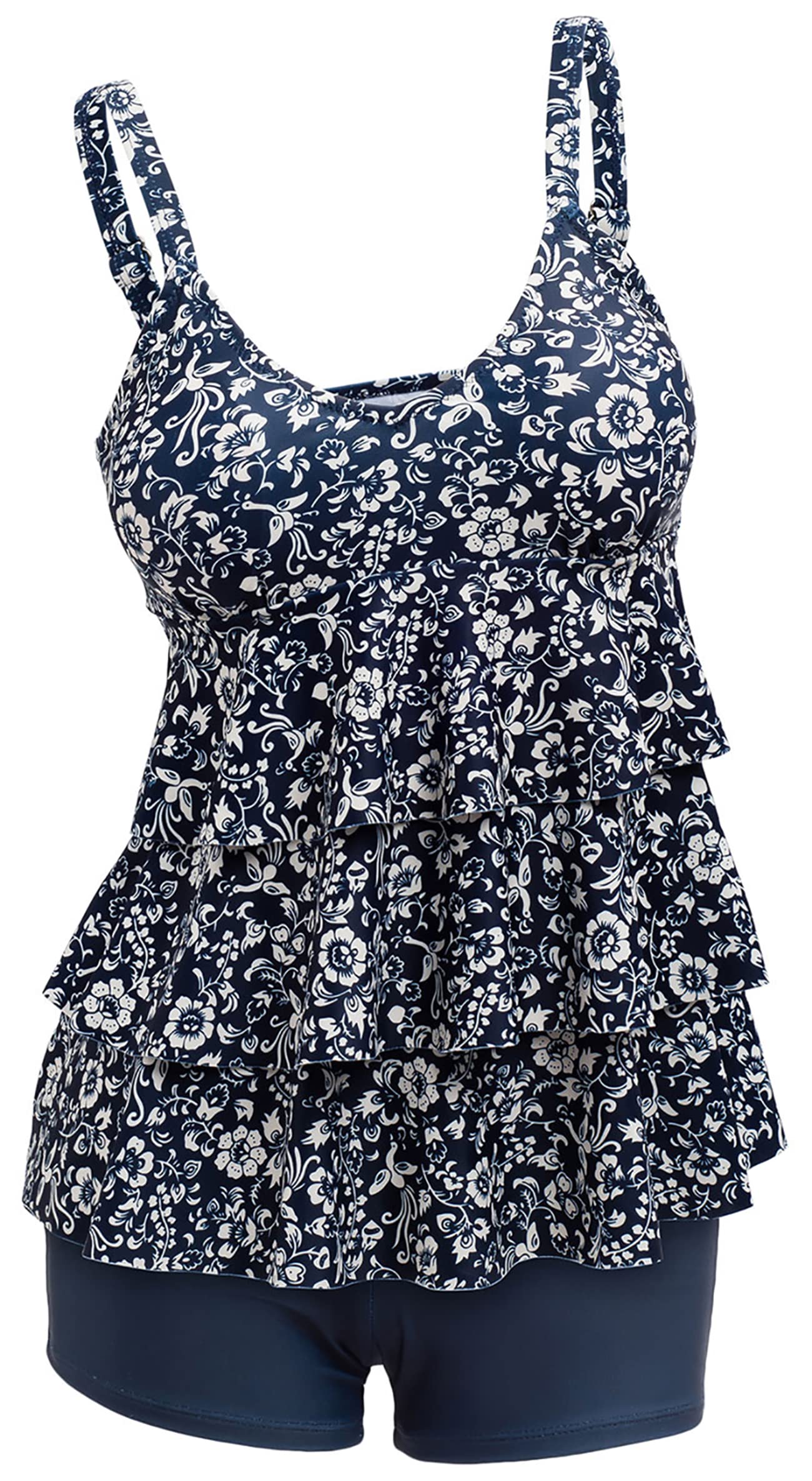 Womens Tankini Sets Swimsuits Ruffled Flounce Printed Swim Tops and Shorts 2 Piece Plus Size Swimming Costume