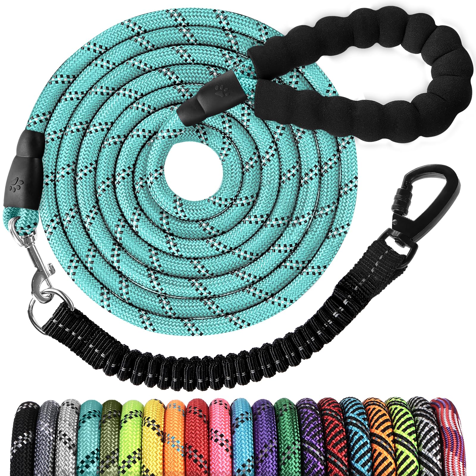 jenico Long Dog Leash 15FT: Heavy Duty Rope Leashes for Dogs Training with Swivel Lockable Hook Reflective Threads Bungee and Padded Handle - Dog Lead