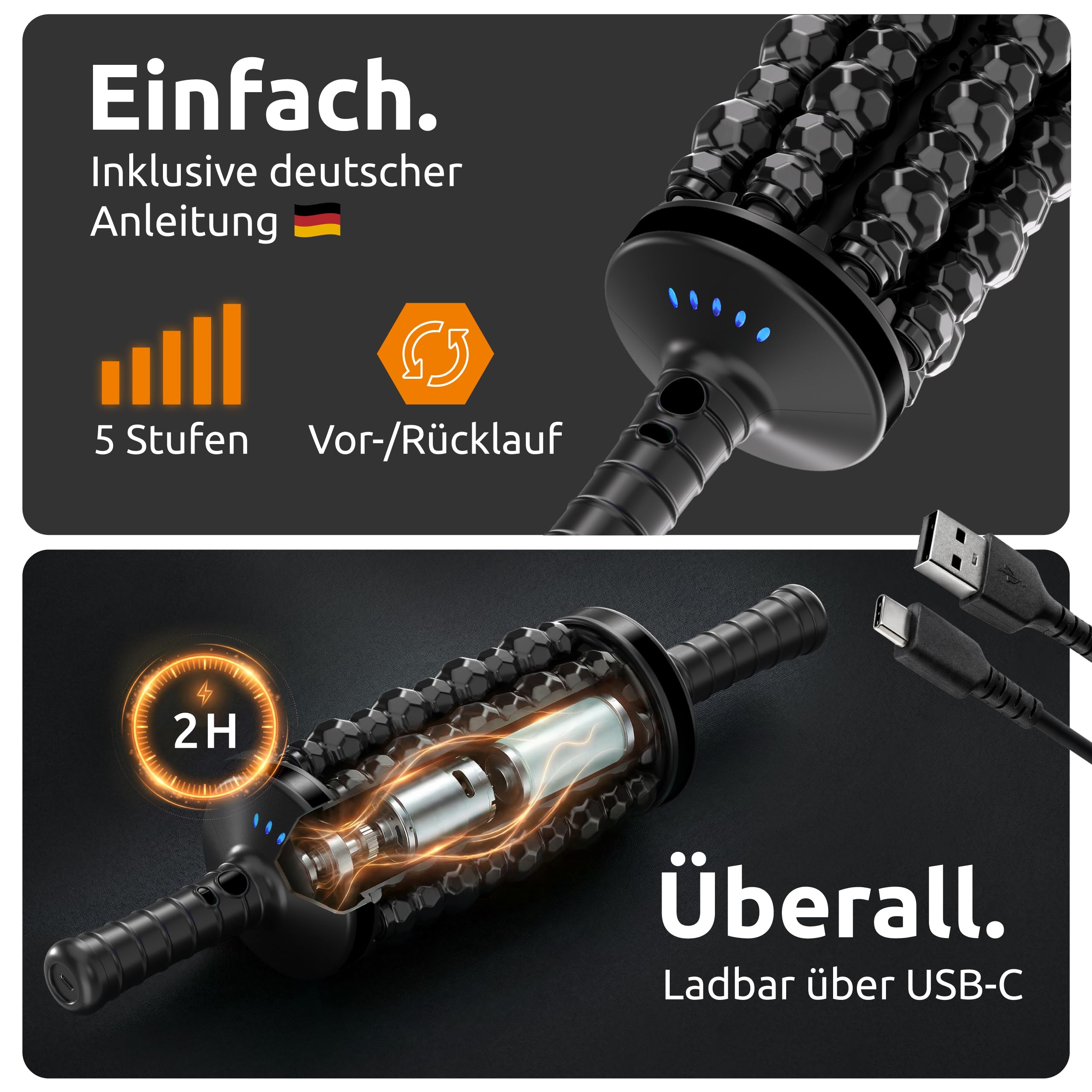Elektrische Faszienrolle – 8 rotierende Walzen mit Klopfmassage statt Bodenturnen – Massageroller elektrisch mit Griff & Fuß-Station – Deep Roller für Rücken, Nacken & Beine (Schwarz)