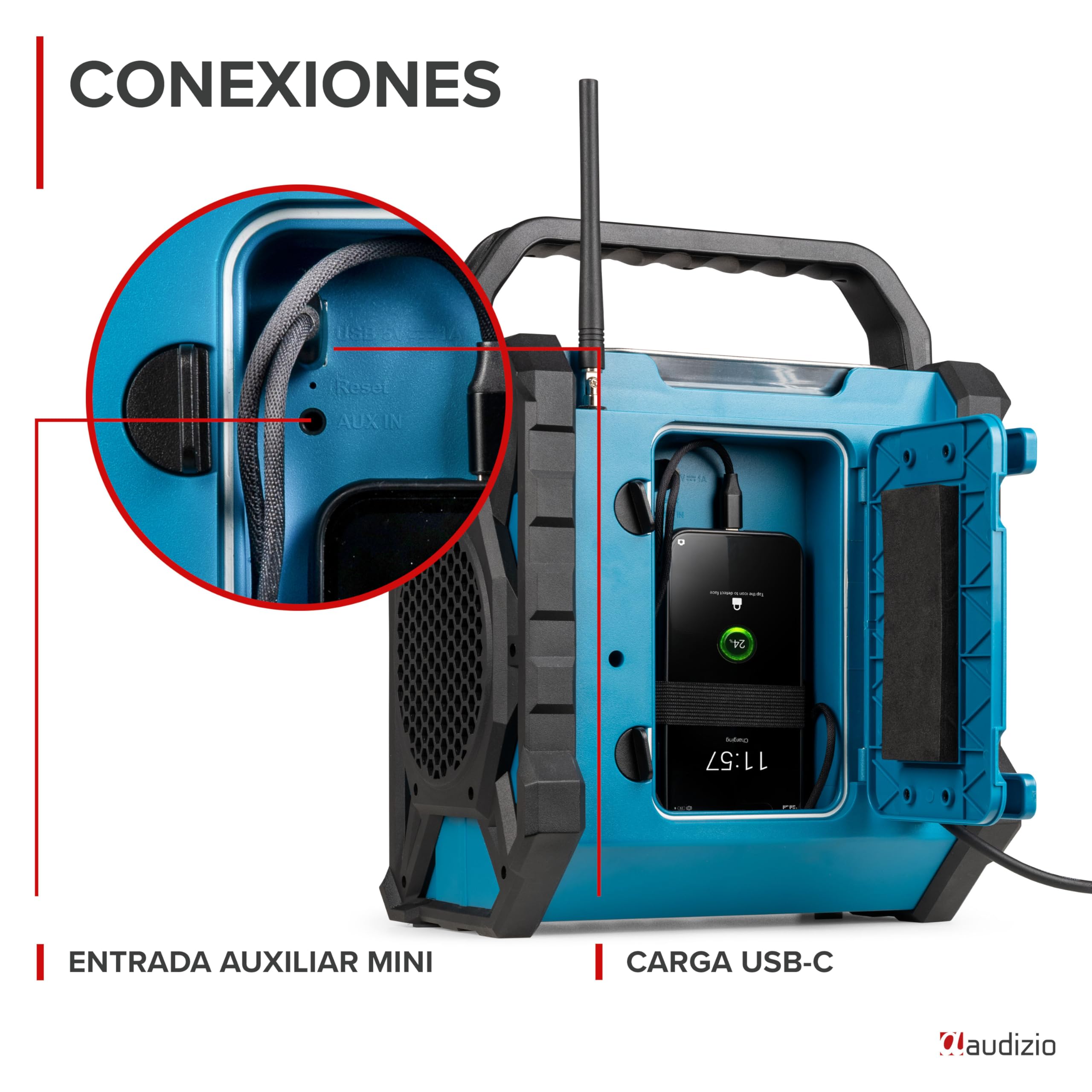 Audizio TEMI XL – Radio de Obra con Bluetooth Dab+ y FM, IP54, batería con duración de hasta 15h, Bandeja magnética y Compartimento para el movil, 200W, Ideal para Taller, jardín, Obra Exterior.