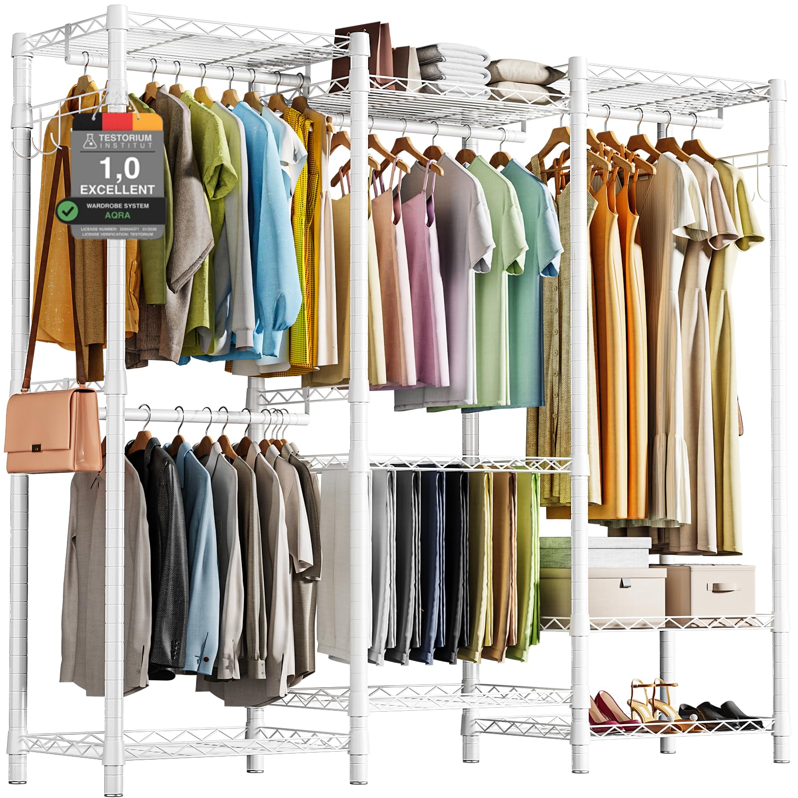 AQRA Clothes Rail for Bedroom, 372kg Heavy Duty Clothes Rail Hanger-Free Design, Open Wardrobe Metal for Hanging Clothes with Adjustable Shelves 4 Assembly Ways, Clothes Rack 172W×38D×194H (White)