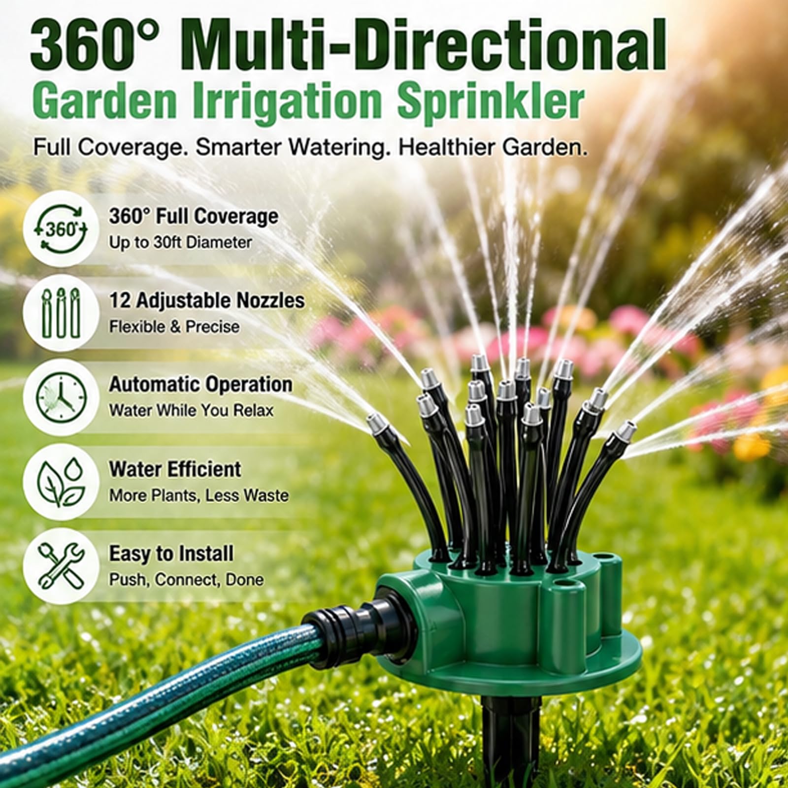 Sistema di irrigazione da giardino a 360°, irrigatori rotanti automatici con 12 ugelli regolabili, 2 pezzi per prato, cortile, aiuole, soluzione di irrigazione efficiente