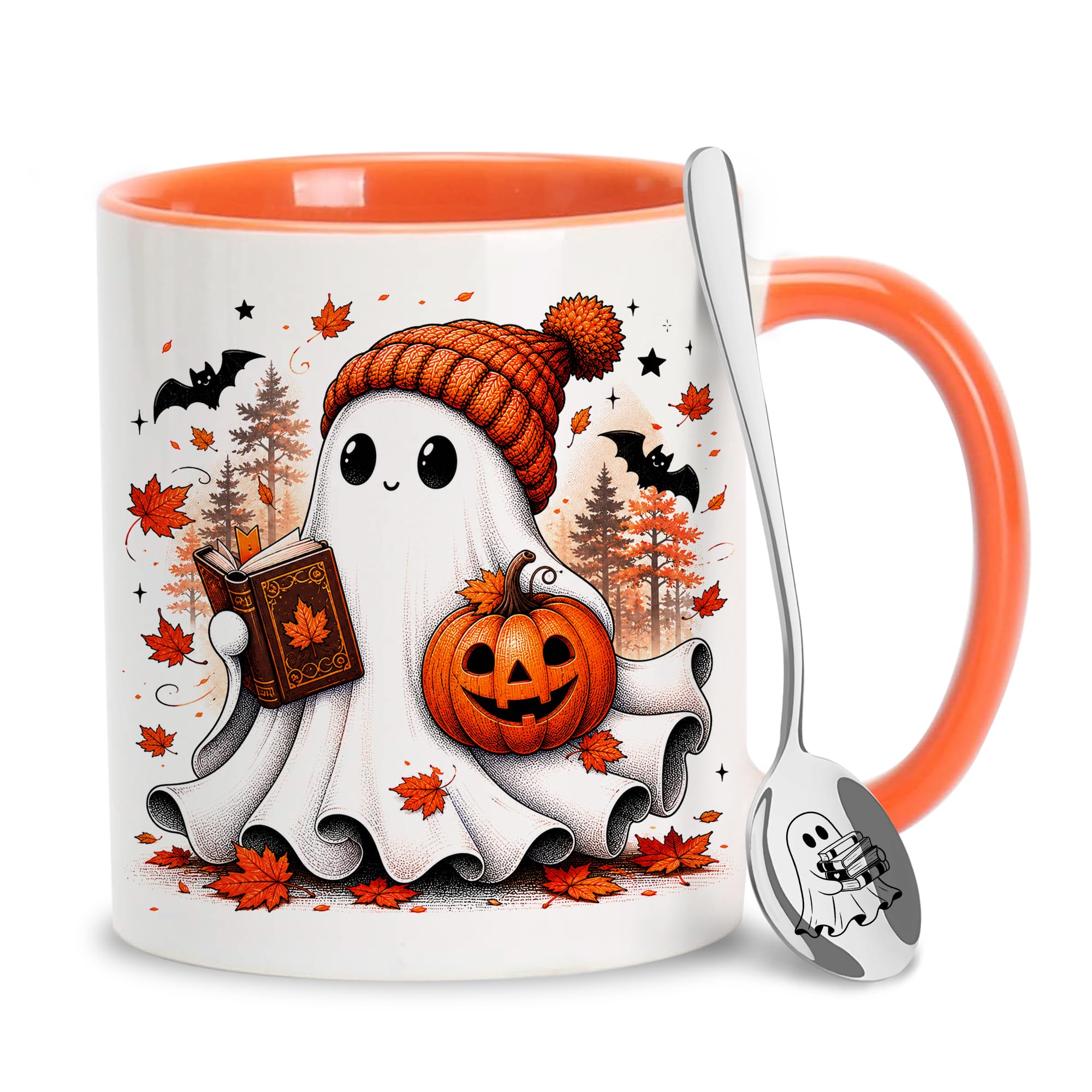 Hyturtle Fall Ghost Coffee Mug with Spoon Gifts for Book Lover on Halloween