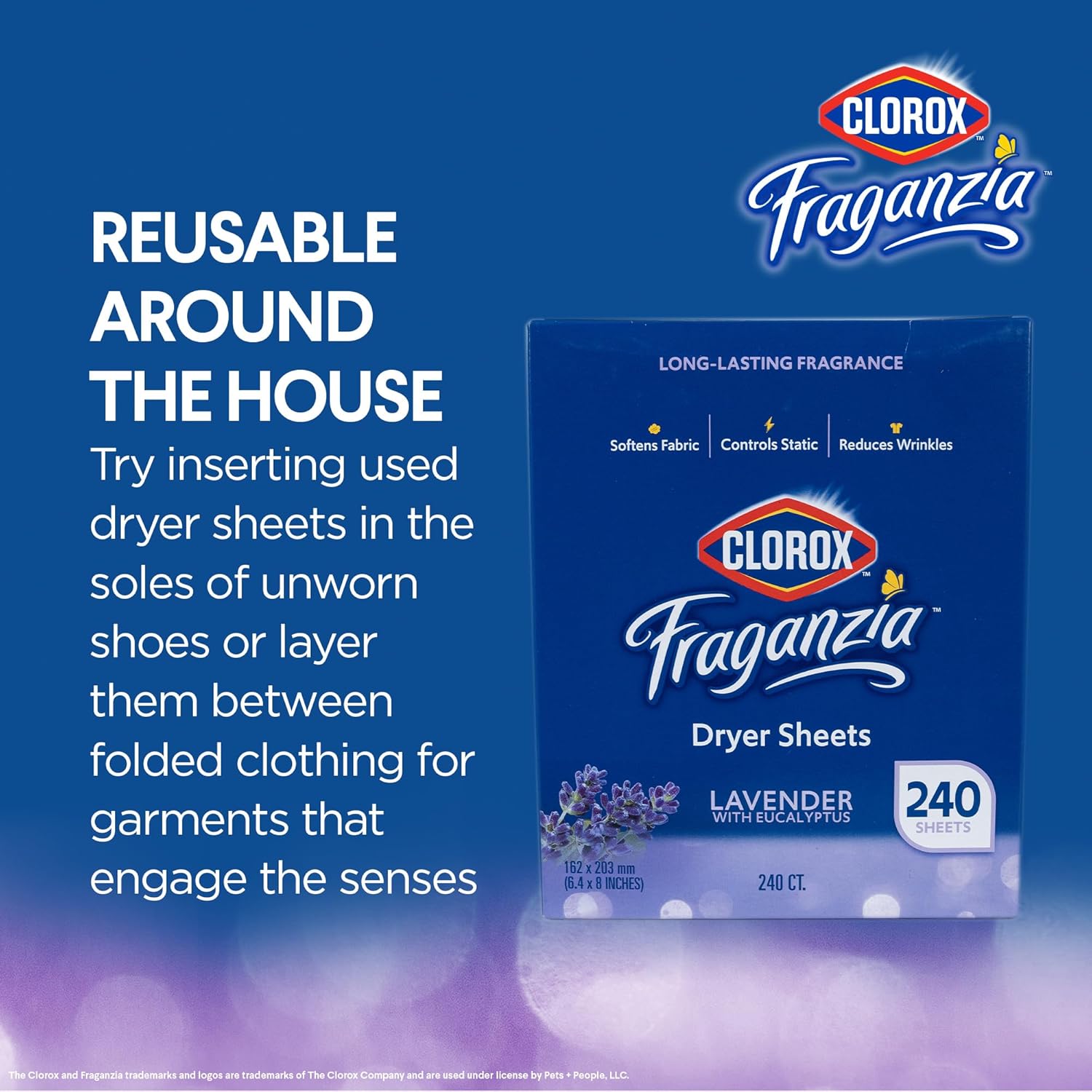 Clorox Fraganzia Fabric Softener Dryer Sheets, Wrinkle Reducing and Anti Static Laundry Dryer Sheets for Great Smelling Clothes, Softens Fabrics, Lavender with Eucalyptus Scent, 105 Count - 6 Pack