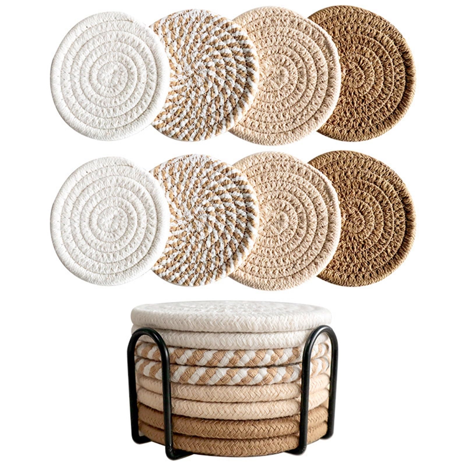 Insulated Coasters 8Pcs Cup Coasters Drinks Absorbent Woven Coaster Set with Holder Farmhouse Cloth Fabric Coffee Tea for Drinks Coffee Pads Beer Home Office(Linen)