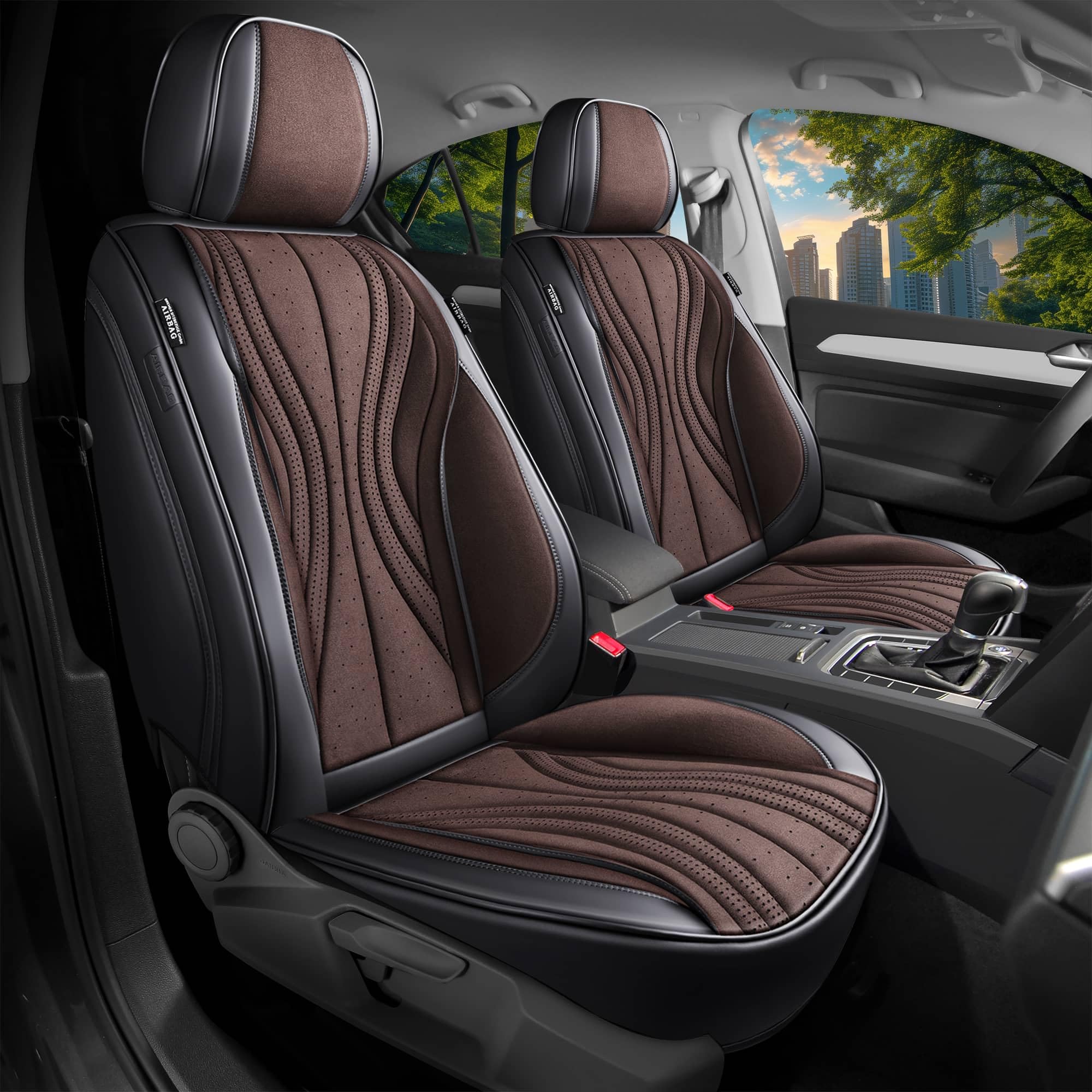 Autositzbezüge Universal für PKW & SUV – Premium Schonbezüge Komplettset Schwarz/Braun, hochwertig verarbeitet für mehr Sitzkomfort, Airbag-kompatibel Sitzauflage, für Vorder- und Rücksitze