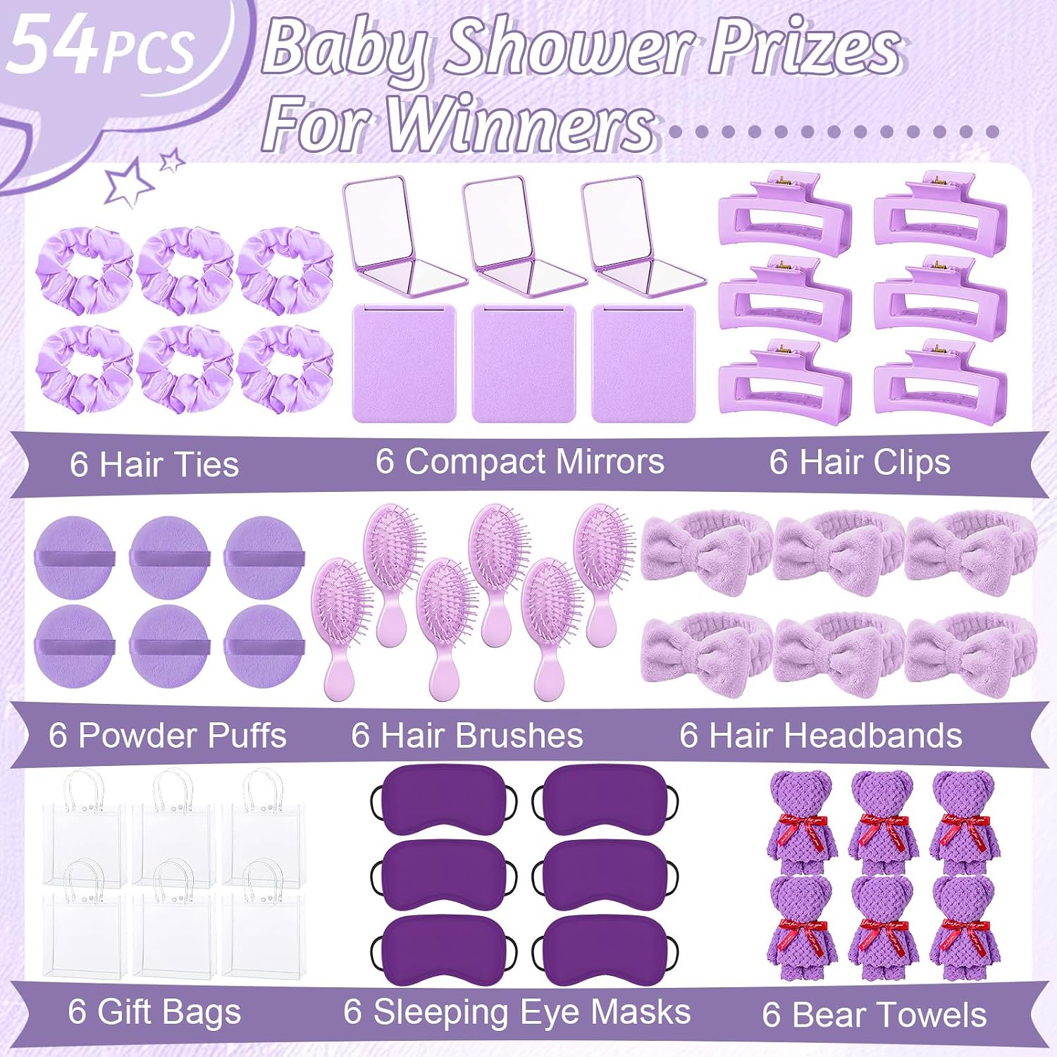 Suncalla 54 Pcs Spa Sleepover Party Supplies Include Bow Headband Eye Mask Bath Towel Scrunchies Hair Clip Comb Powder Puff Mirror Gift Bags for Women Girls Slumber Party Supplies (Purple) image 2