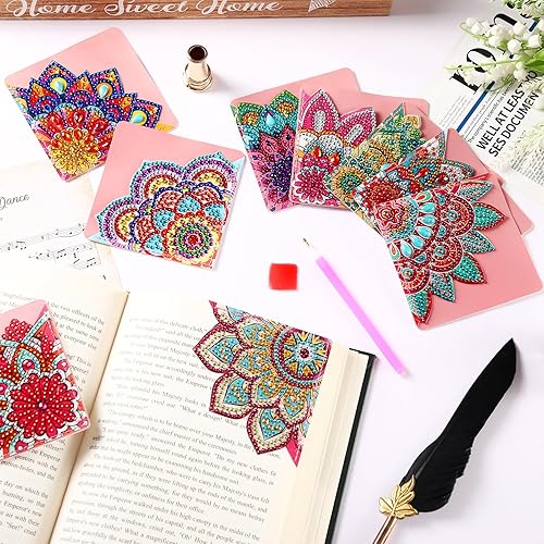 Miniatura 6 de Tatuo 16 marcapáginas de pintura con diamantes, mandala y flores de diamante, marcapáginas de esquina de flores, marcador de libro de diamantes 5D,