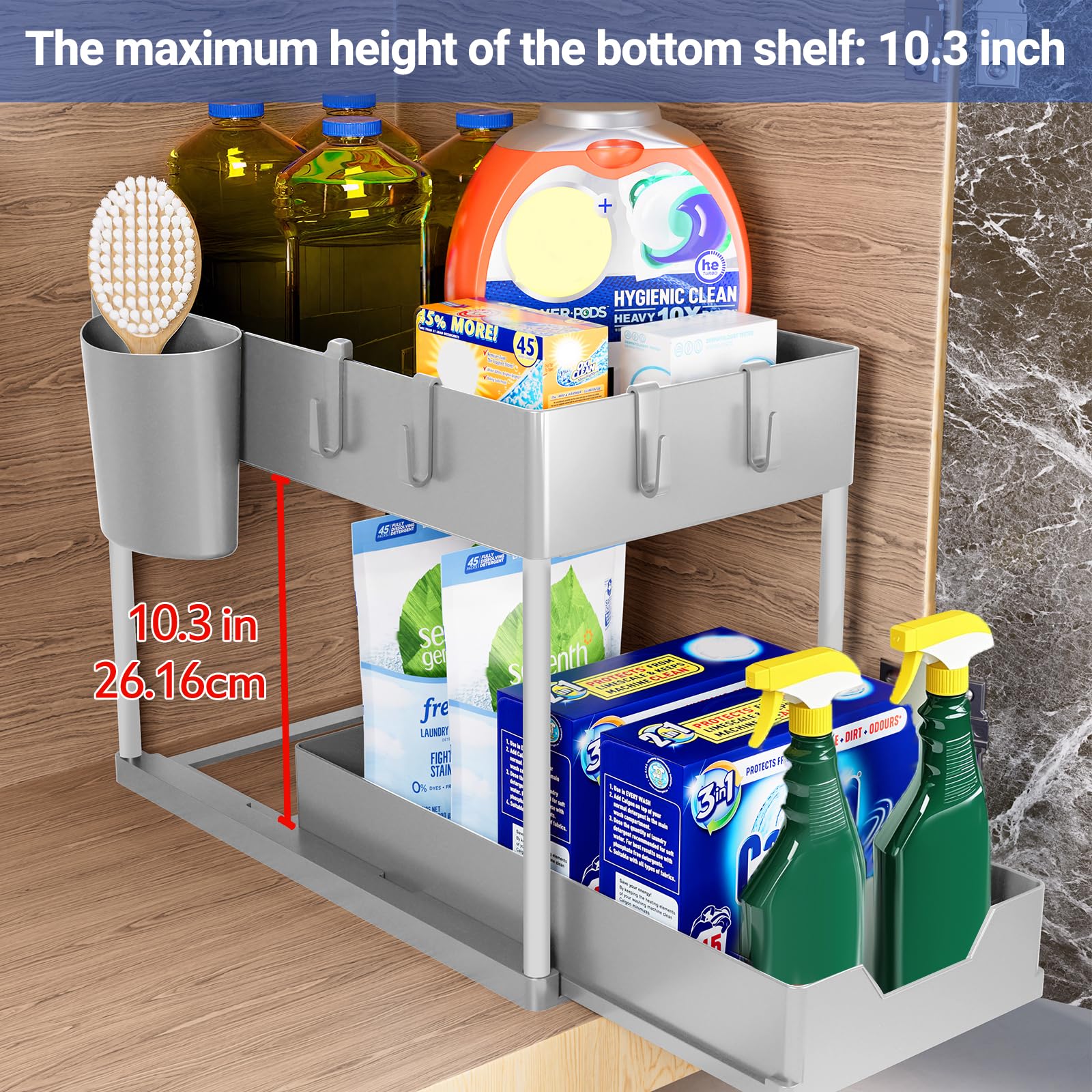 Puricon Organizer Sottolavello Cucina a 2 Livelli, Organizzatore Sottolavello Cucina Estraibile, Sottolavello Cucina Salvaspazio Multiuso Porta Detersivi Sottolavello Organizer per Cucina Bagno-Grigio