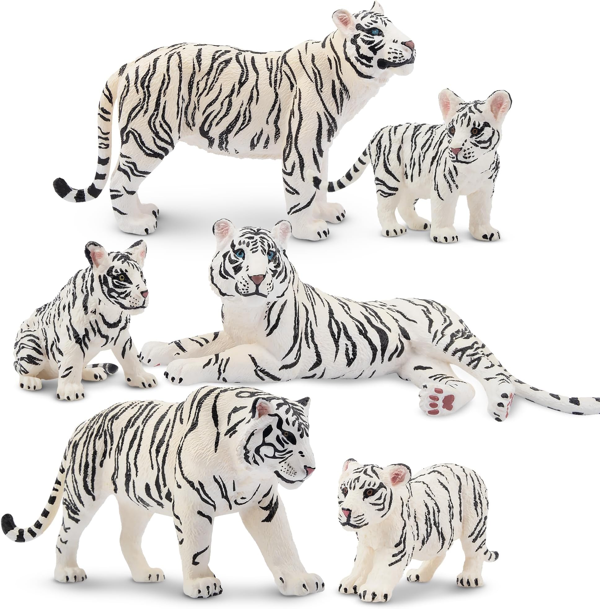 6PCS Realistic White Tigers Figurines with Tiger Cubs, Jungle Animals Figures Family Set Includes Baby Tigers, Educational Toy Cake Toppers Christmas Birthday Gift for Kids Toddlers
