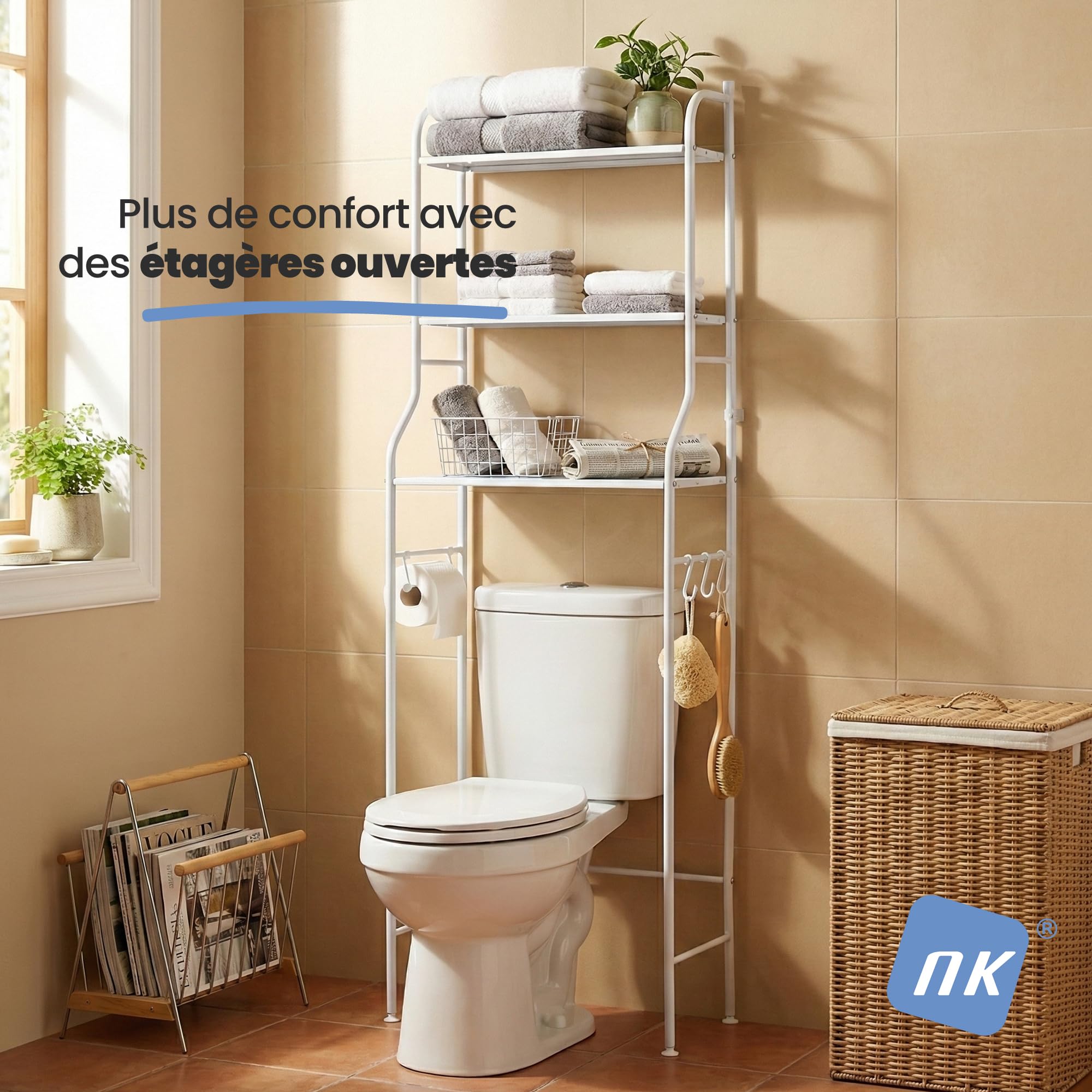 NK Étagère De Salle De Bains Au-Dessus des Toilettes – 153×47×26 Cm, 3 Étagères Hautes, Porte-Rouleau, 3 Crochets, Pieds Antidérapants, Fer + PP, Blanc, Montage Facile