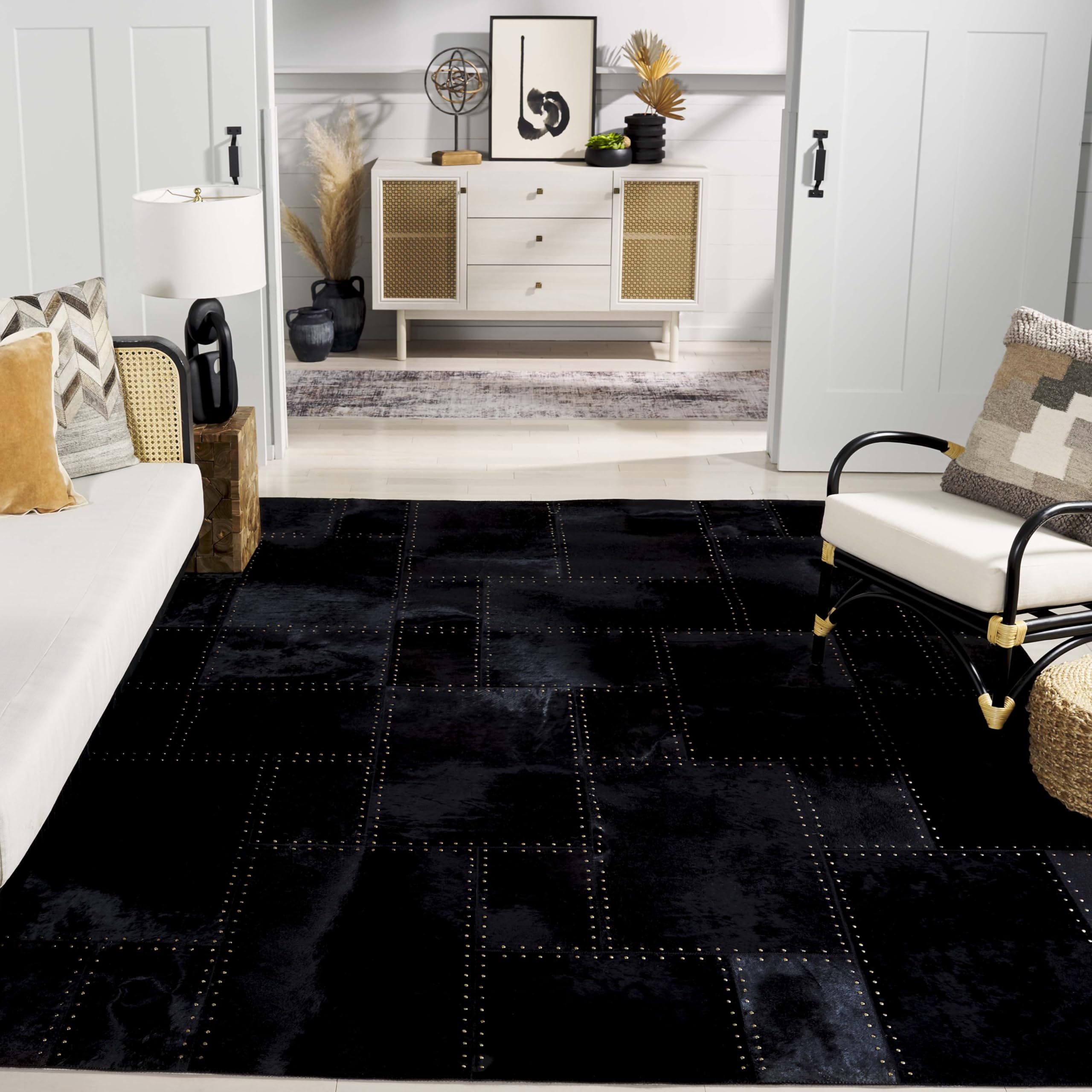 SAFAVIEH Studio Leather Collection Area Rug - 9' x 12', Black, Handmade Mid-Century Modern, Ideal for High Traffic Areas in Living Room, Bedroom (