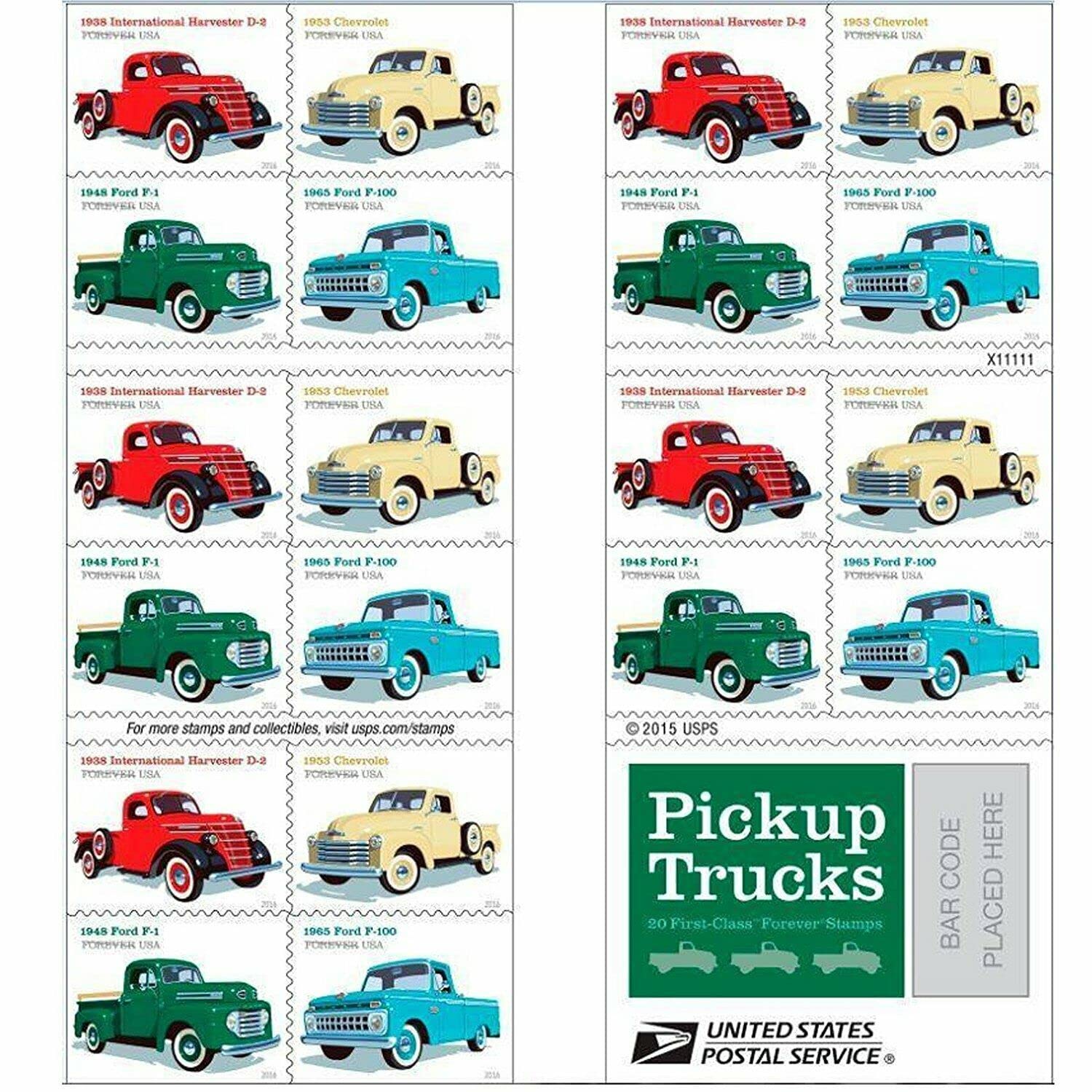 New Pickup Trucks Booklet of 20 Stamps Set Rare For collecting 1938 International Harvester D-2, the 1948 Ford F-1, the 1953 Chevrolet, and the 1965 Ford F-100