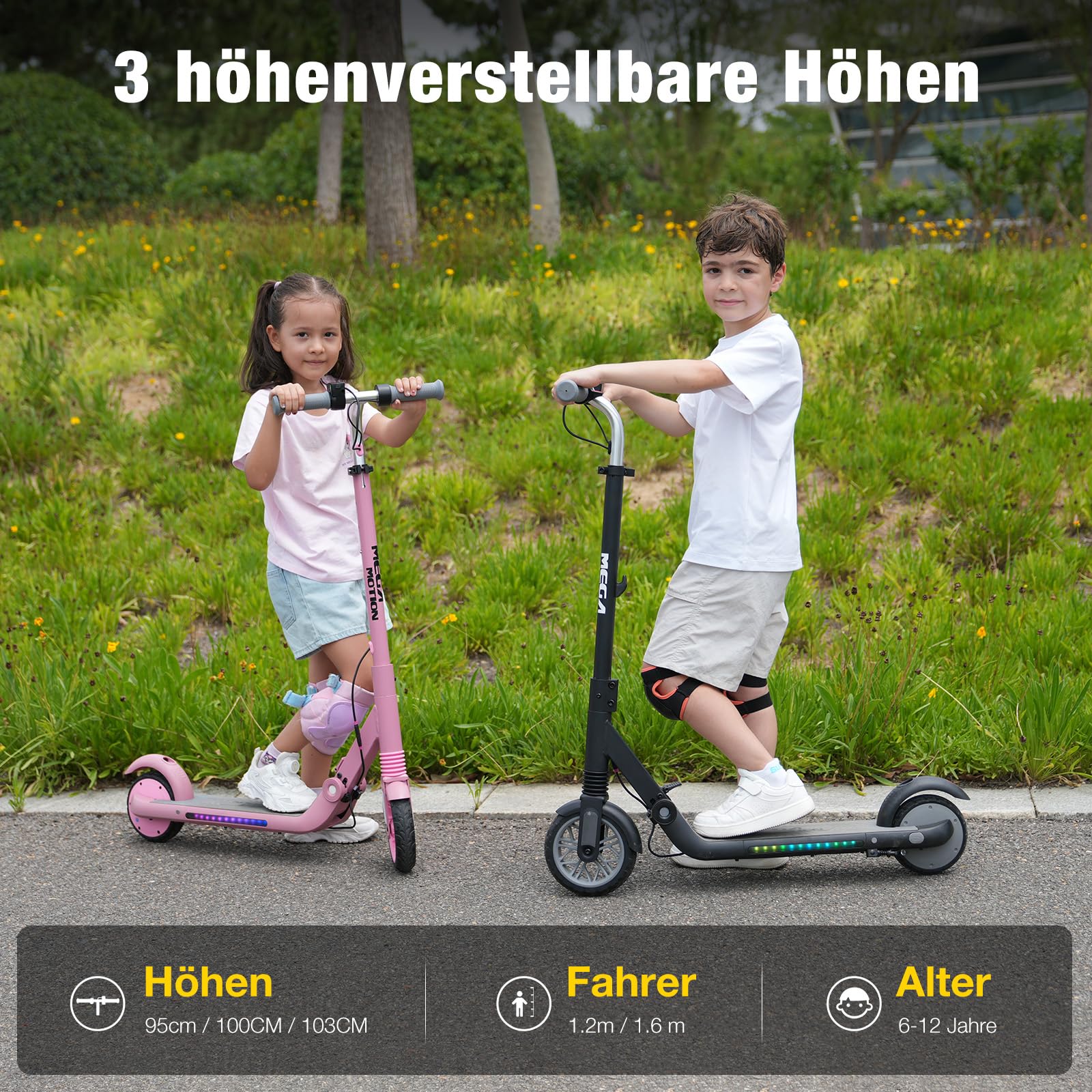 Patinete eléctrico Infantil con 3 velocidades (8/12/16 km/h), Plegable, para niños y niñas de 6 a 12 años, autonomía de 8 km y Luces LED de Colores