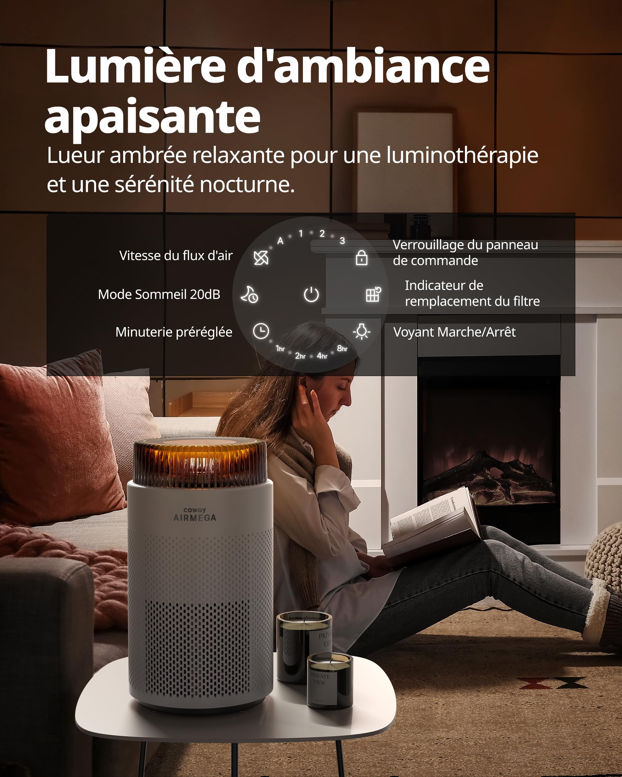 COWAY Purificateur d’air pour chambre, ultra silencieux 20 dB, système HyperCaptive, élimine 99,999 % des particules jusqu’à 0,01 micron, CADR 244 m³/h, idéal contre allergies et pollens – AIRMEGA 100