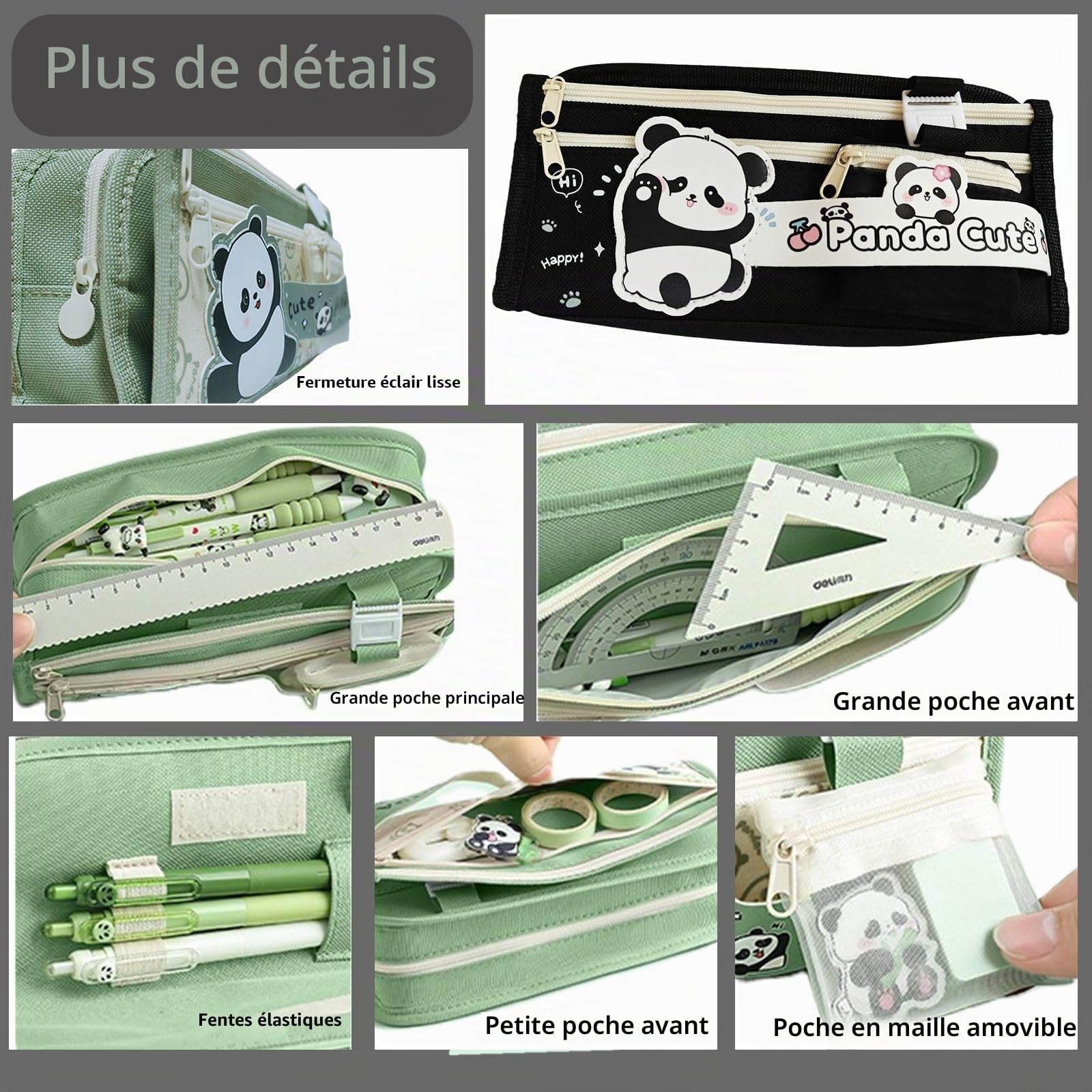 Trousse Scolaire Panda Kawaii Grande Capacité Plusieurs Compartiments Noir