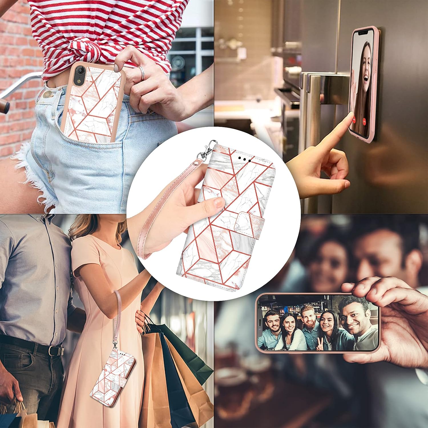 CASEOWL iPhone XR Wallet Case 2 in 1 Magnetic Detachable Case [Support Magnetic Car Mount] Marble Pattern Premium PU Leather Lanyard Wallet Case with Card Holder, Wrist Strap for Women Girls, Pink