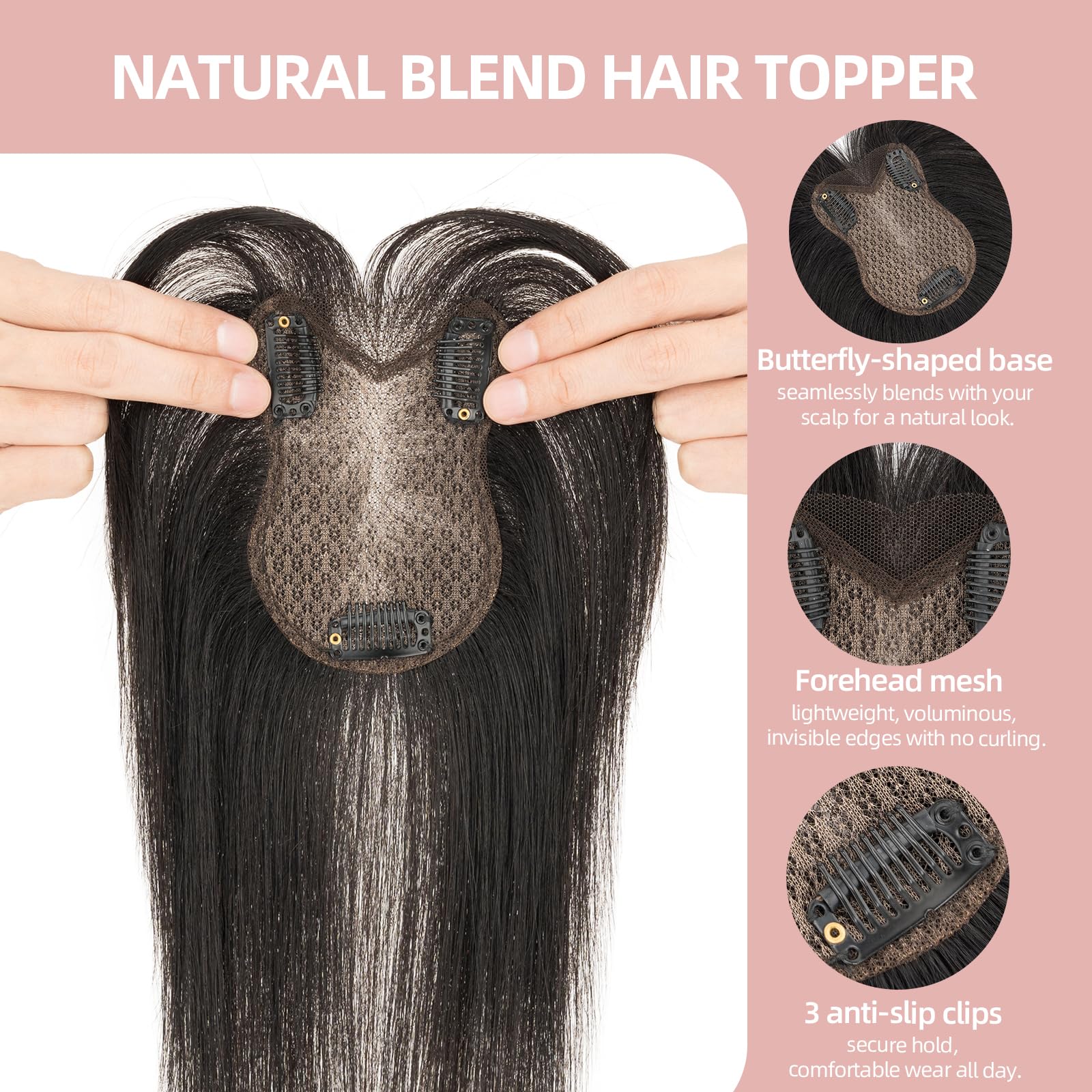 Silk-co 27cm Prótesis Capilar Mujer Pelo Natural Superior Craftsmanship Clip Toupee con Flequillo Postizo 21g 100% Cabello Humano Remy Hair Extensiones de Topper Encaje 8cm*11cm #1B Negro Natural